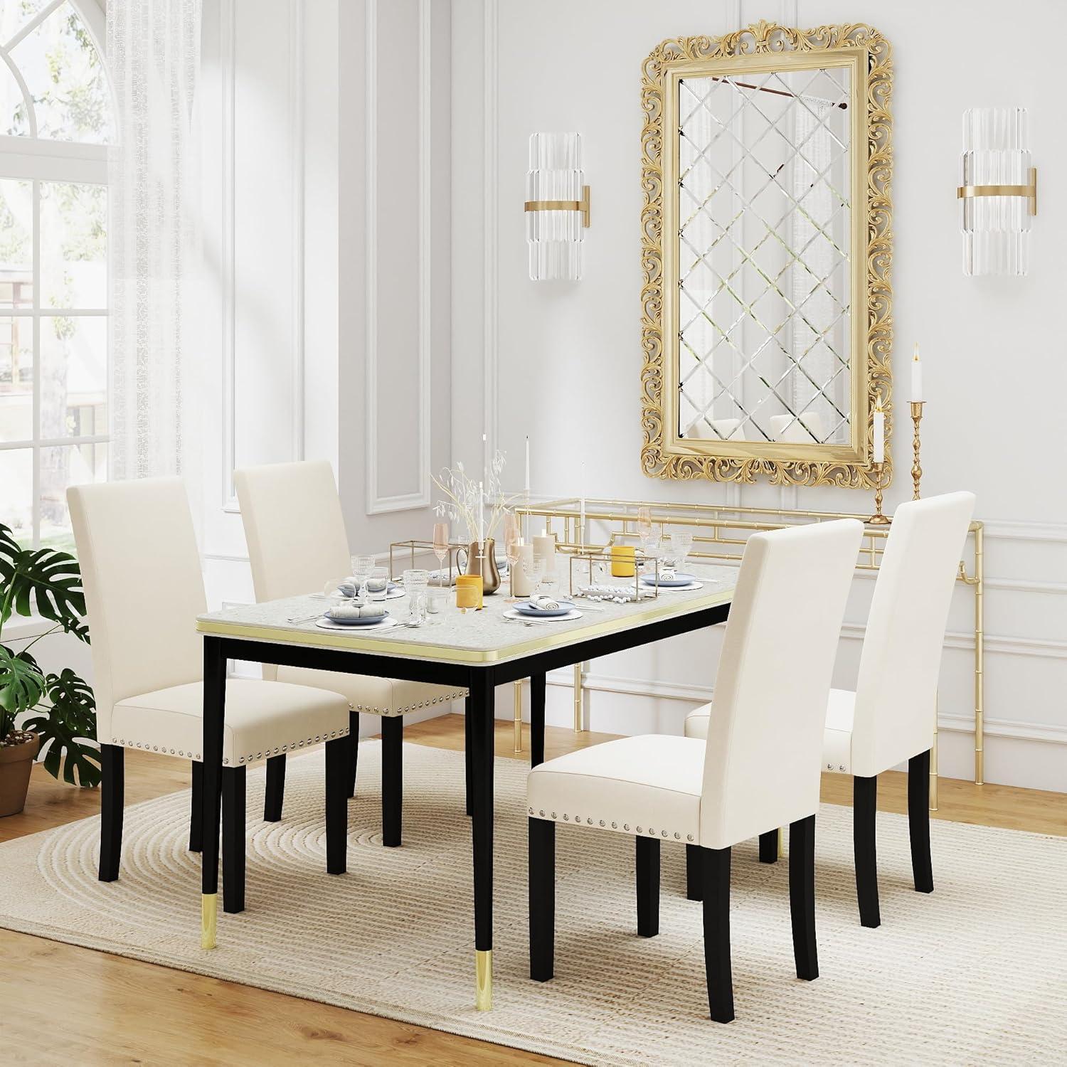 Costway Set of 2 Fabric Dining Chairs Upholstered with Nailhead Trim Beige