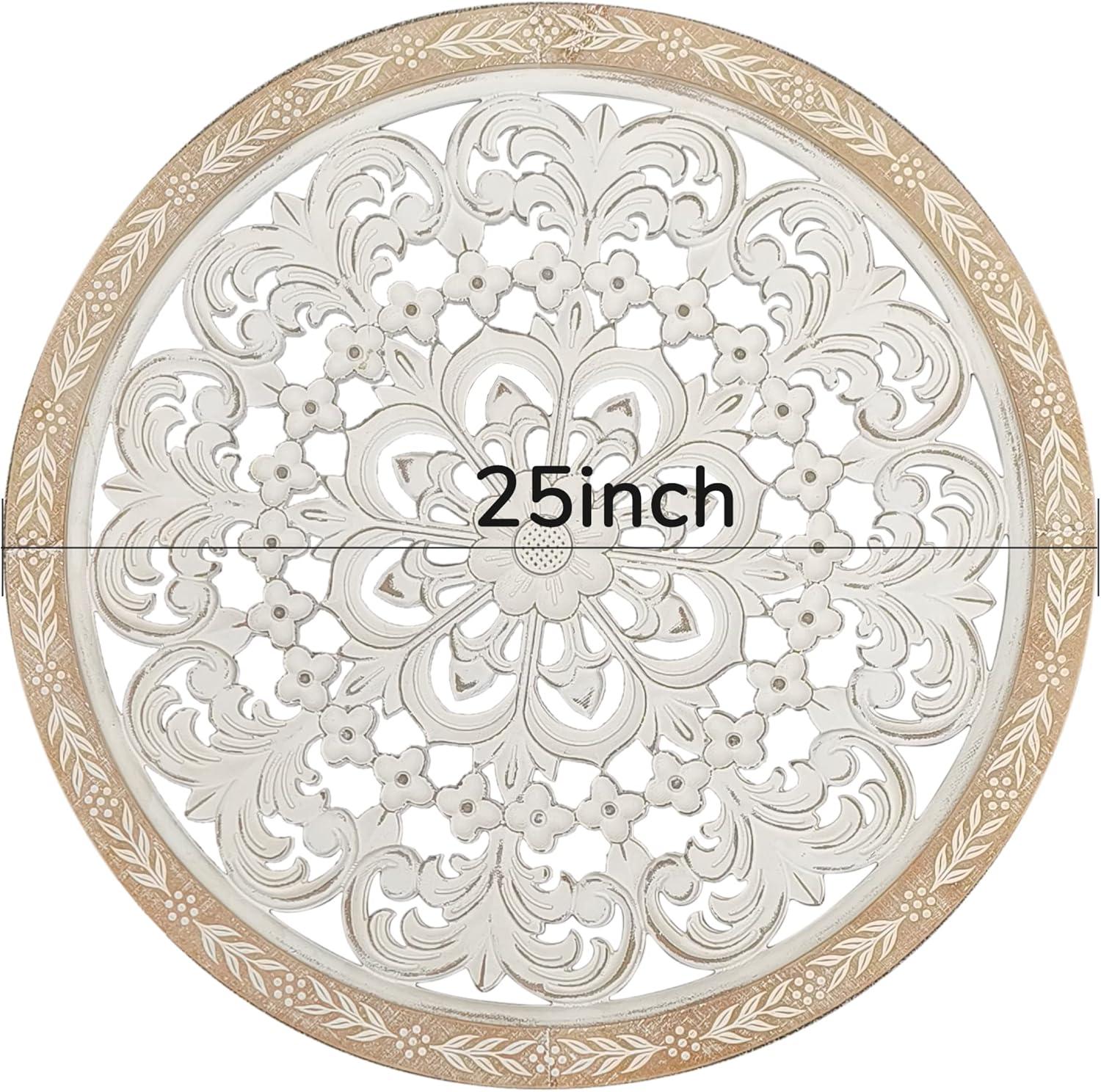 Parisloft 25 Inch Round Carved Wood Wall Decor, Natural Wood and Distressed White Finish,MDF with veneer, Farmhouse Wood Wall Decor for Living Room, Bedroom
