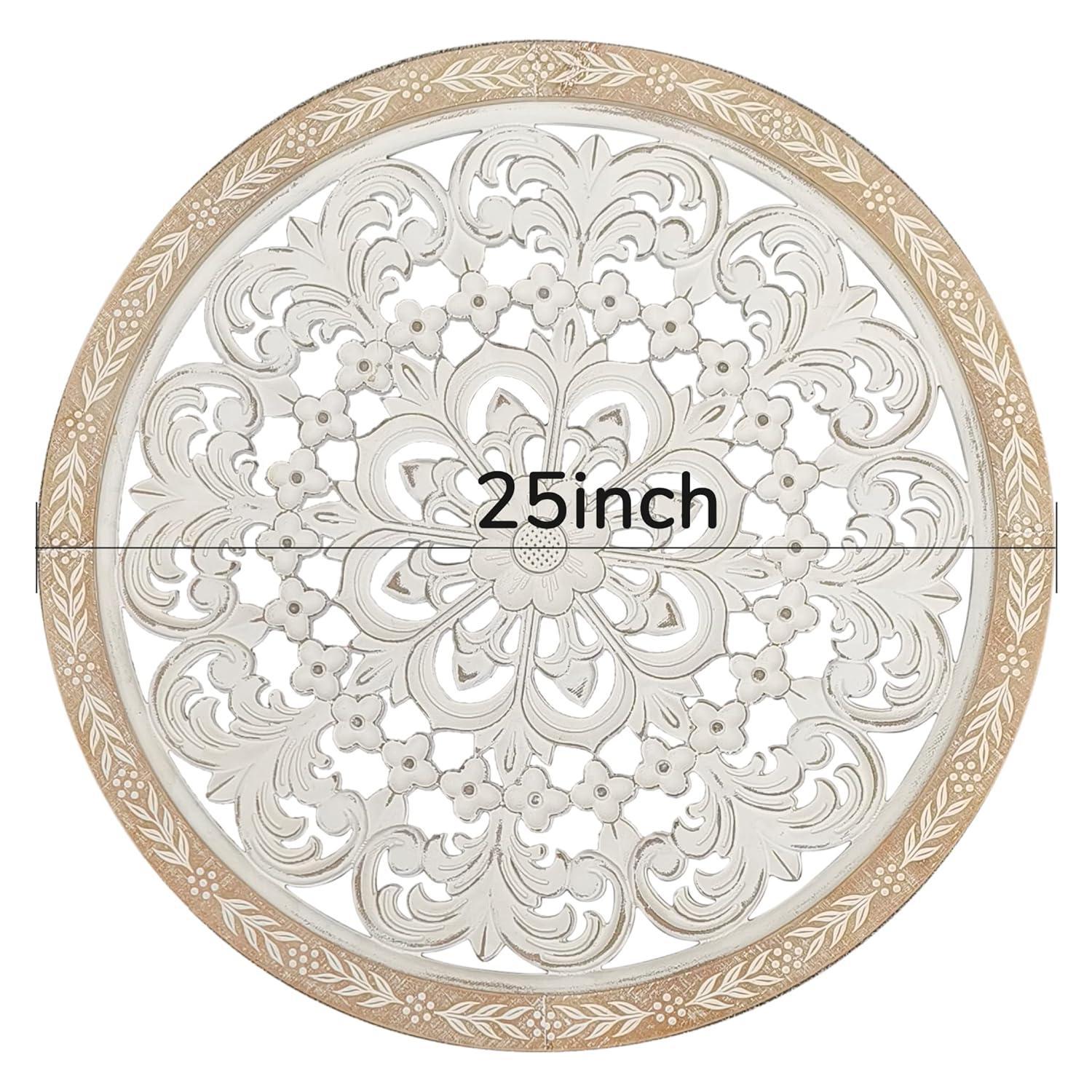 Parisloft 25 Inch Round Carved Wood Wall Decor, Natural Wood and Distressed White Finish,MDF with veneer, Farmhouse Wood Wall Decor for Living Room, Bedroom