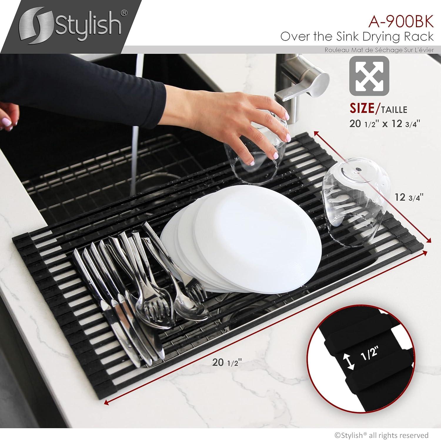 STYLISH Over The Sink Roll Up Dish Drying Rack Heat Resistant Trivet for Drying Dishes and Rinsing Vegetables Dark Grey A-900DG