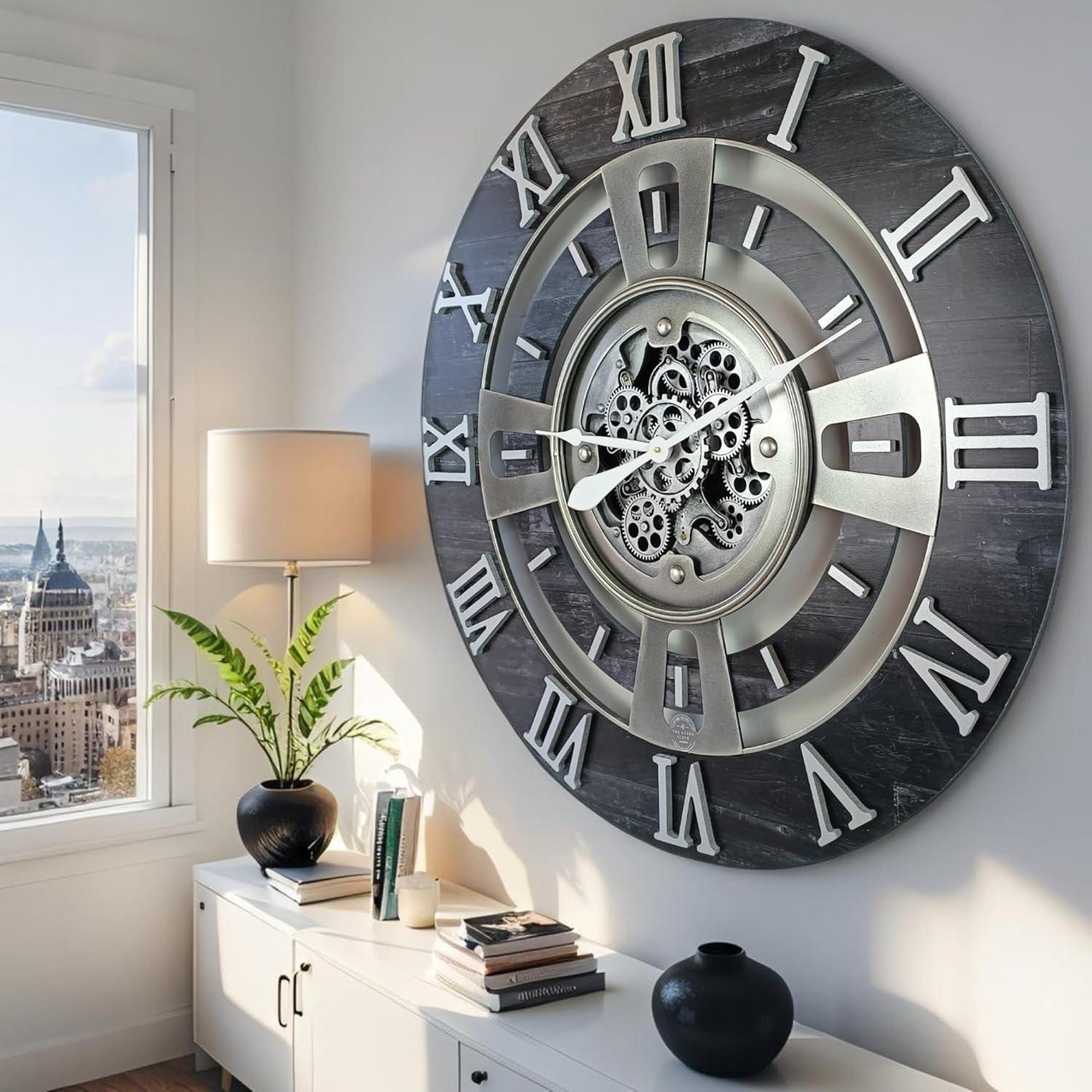 THE GEARS CLOCK Wall Clock with Real Moving Gears EN-LI_ 36 in Round Vintage-Black