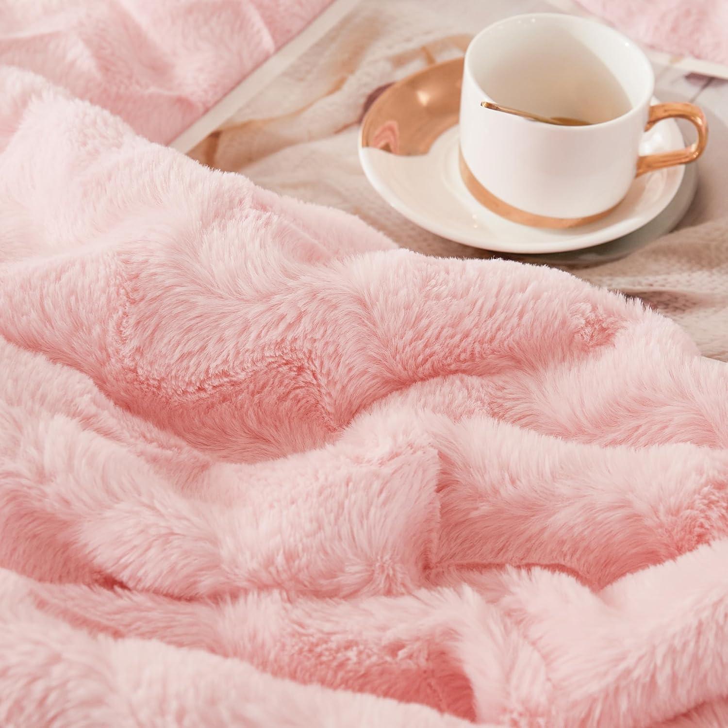 Andency Pink Faux Fur Comforter Set Full, 3 Pieces Fleece Fuzzy Shaggy Plush Sherpa Bedding Set for Women Girls, Fluffy Soft Warm Bed Set for Winter