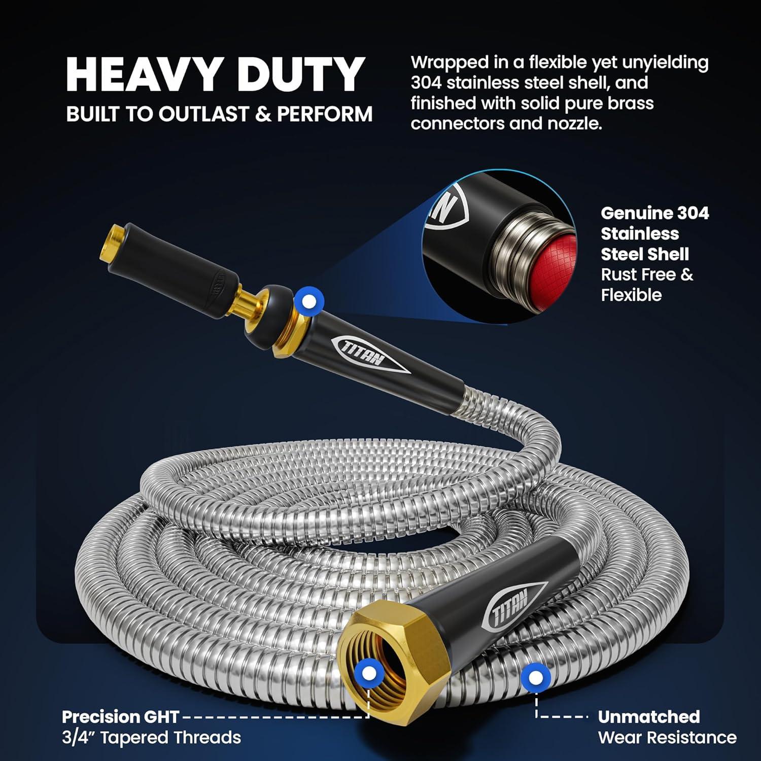 TITAN Garden Hose 100FT - 304 Stainless Steel Metal Water Hose, Flexible, Kink-Free, Lightweight, Durable, Crush Resistant Fittings, Easy to Coil, 500 PSI
