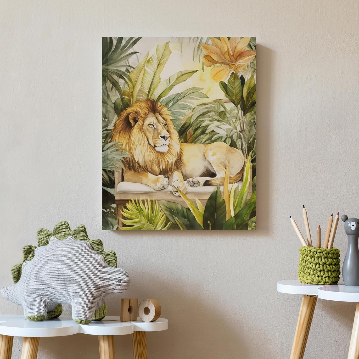 Majestic Lion in Jungle Green Canvas Wall Art