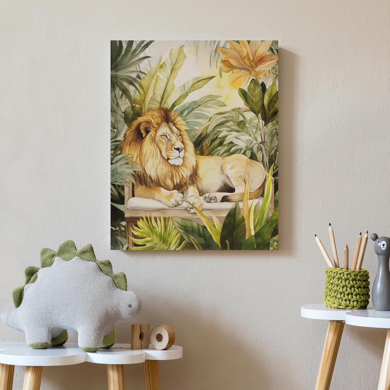 Madison Park 16"x20" Jungle Wild Regal Lion Print Canvas Natural Wall Art Lion Green
