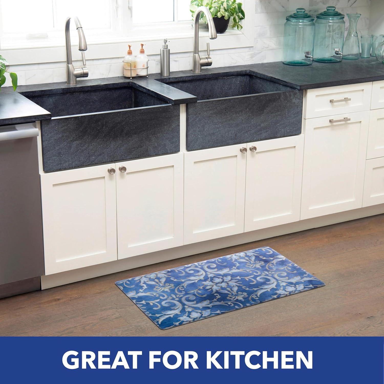 Blue and Gold Damask Anti-Fatigue Kitchen Mat