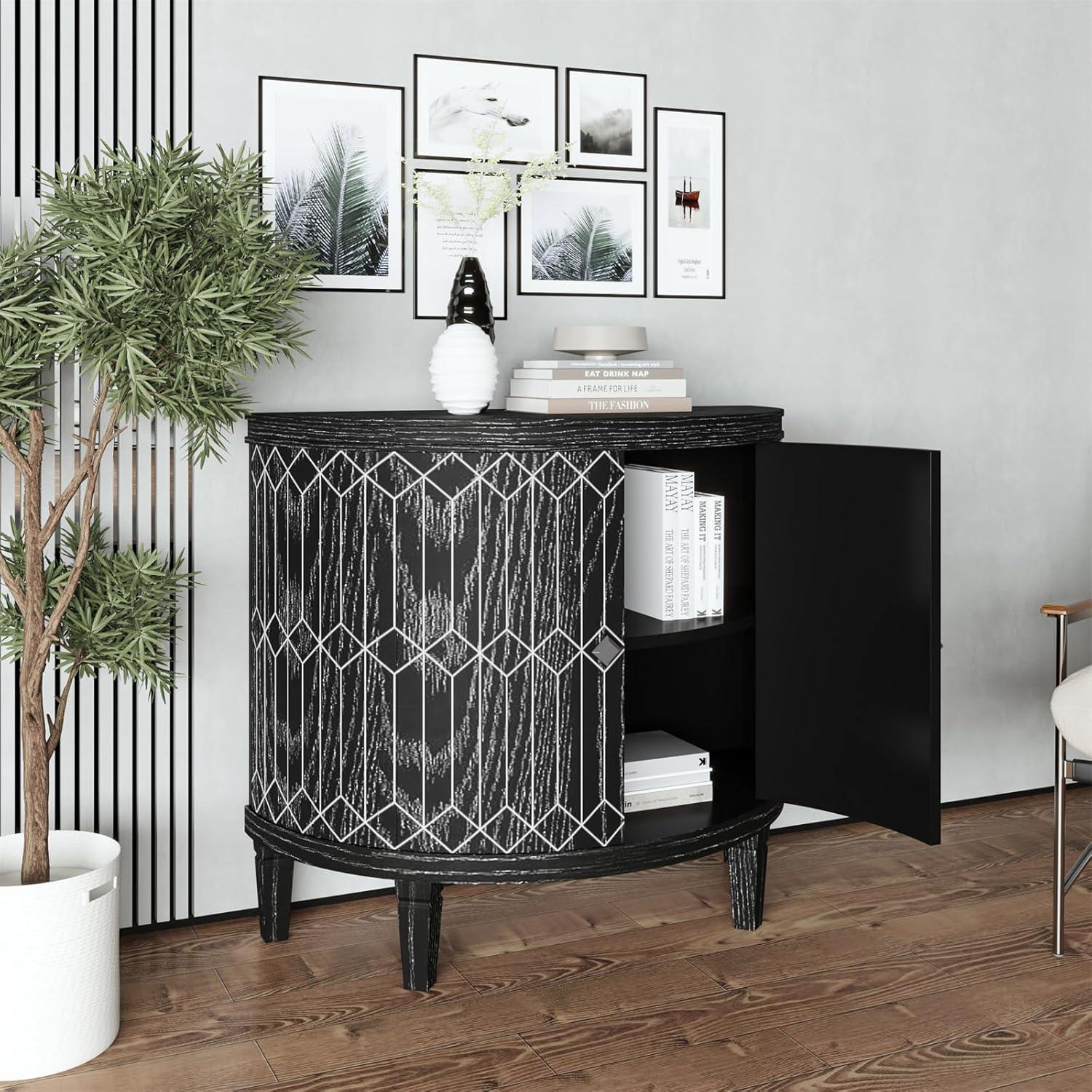 Black Half-Moon Geometric Pattern 2-Door Wooden Cabinet