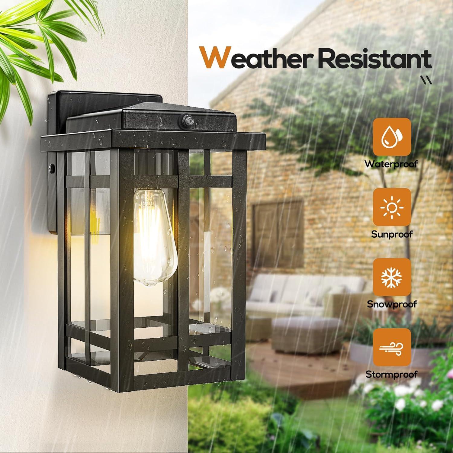 Black Modern Outdoor Wall Lanterns with Tempered Glass Shade, 9.76''