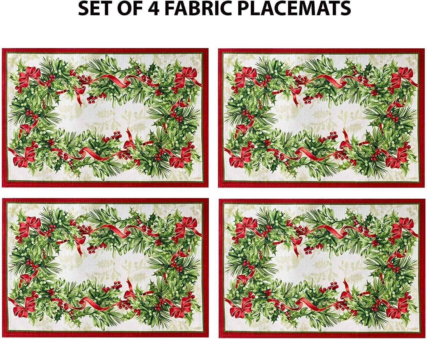 Christmas Holly Berry Ribbon Garland Traditions Bordered 52 x 70 inch Rectangle Fabric Tablecloth