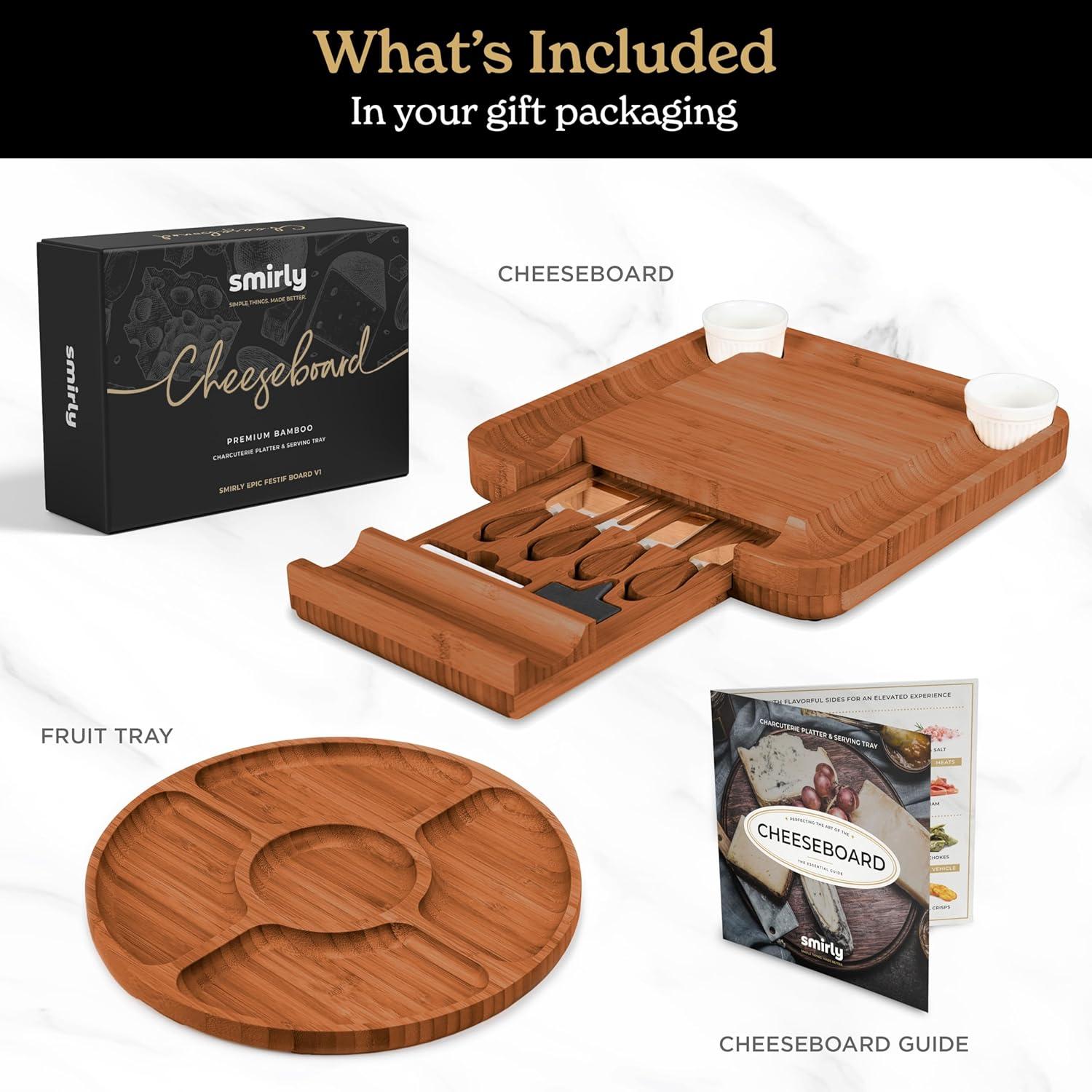 SMIRLY Charcuterie Board Set Large Bamboo Cheese Board with Fruit Tray & 2 Ceramic Bowls