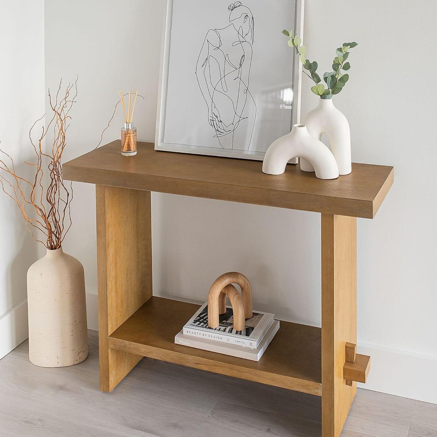 Nathan James Console Sofa Table Brushed Light Brown: Entryway Table with Charging Station, 40in Width