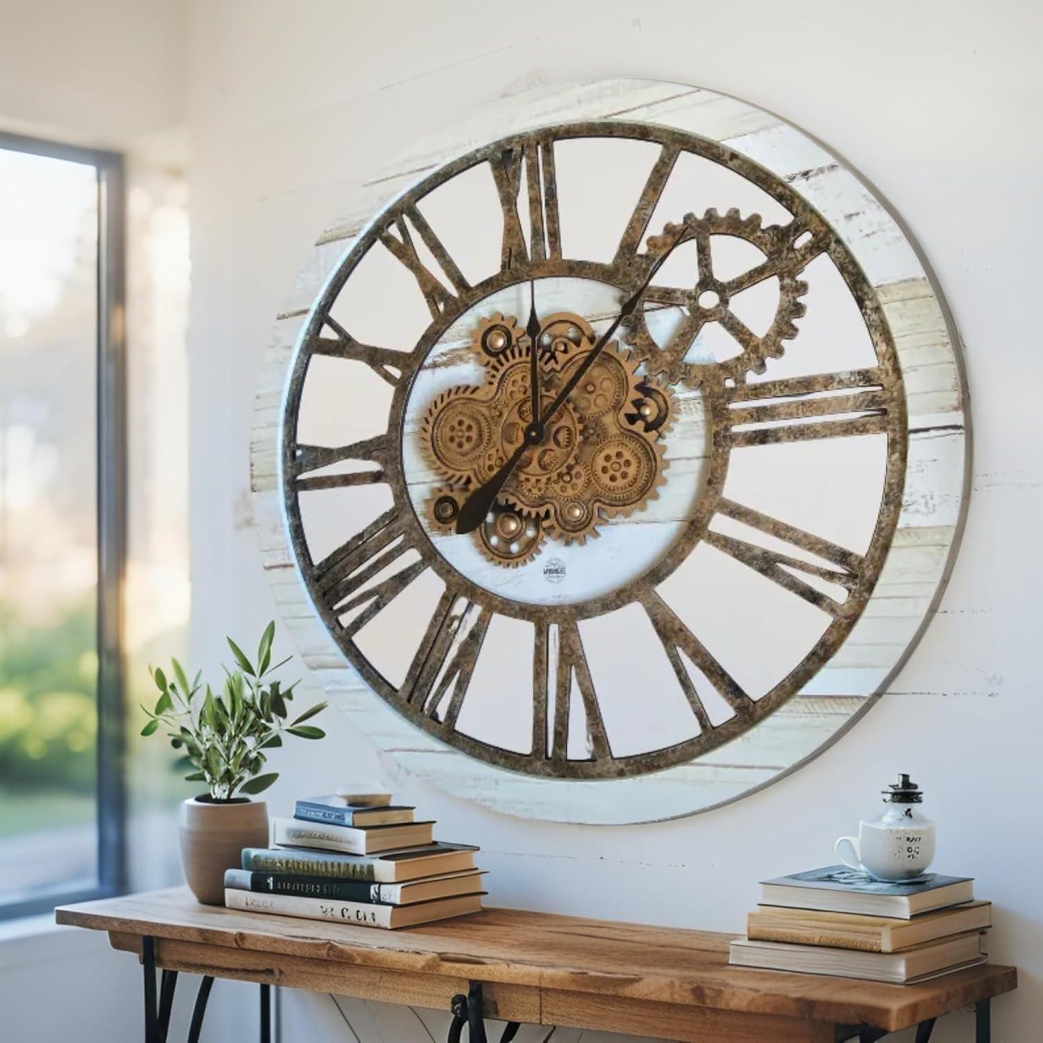 The Gears Clock Wall Clock 36" Round Oversized for Living Room decor with Real Moving Gears America Collection