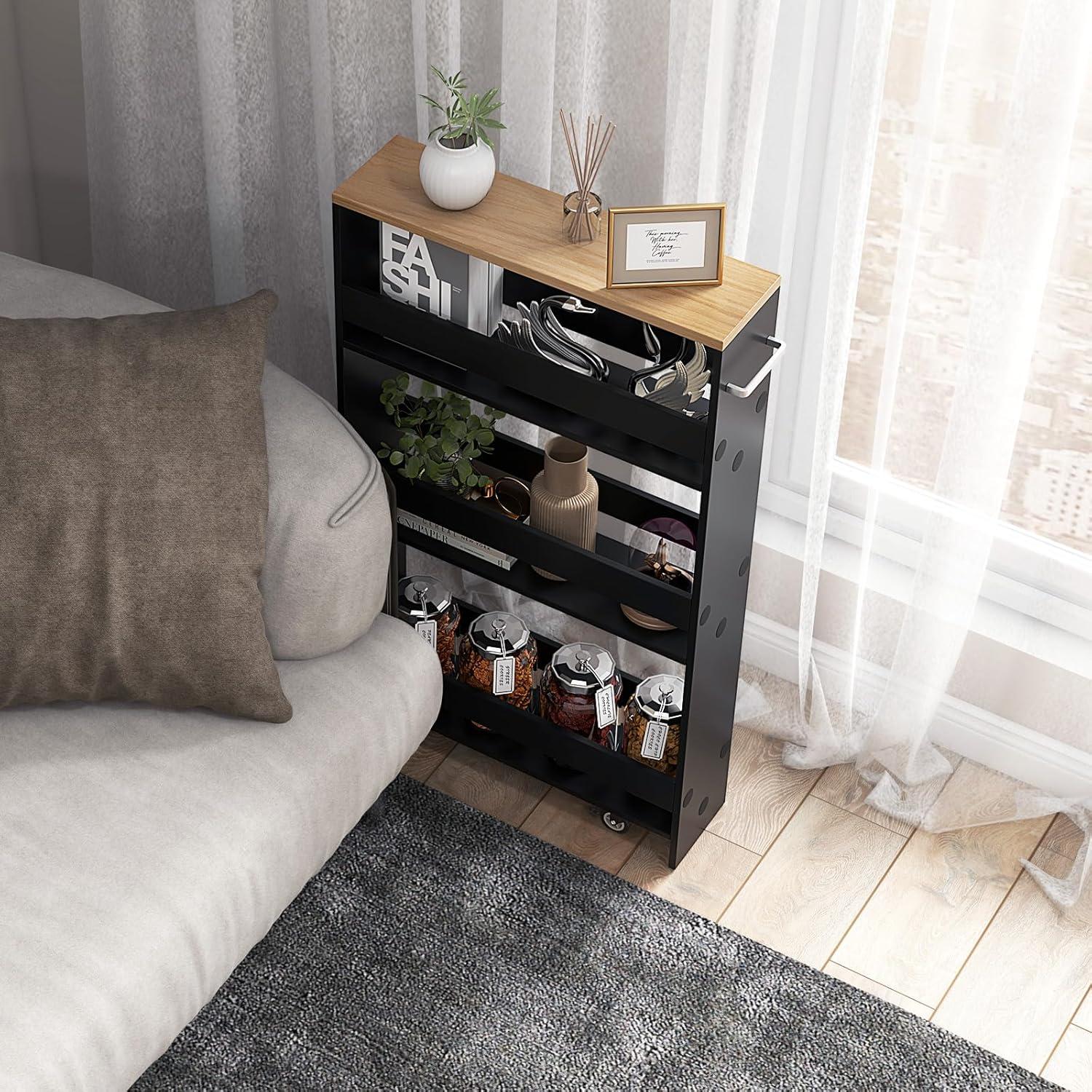 Costway Rolling Kitchen Slim Storage Cart Mobile Shelving Organizer with Handle Black