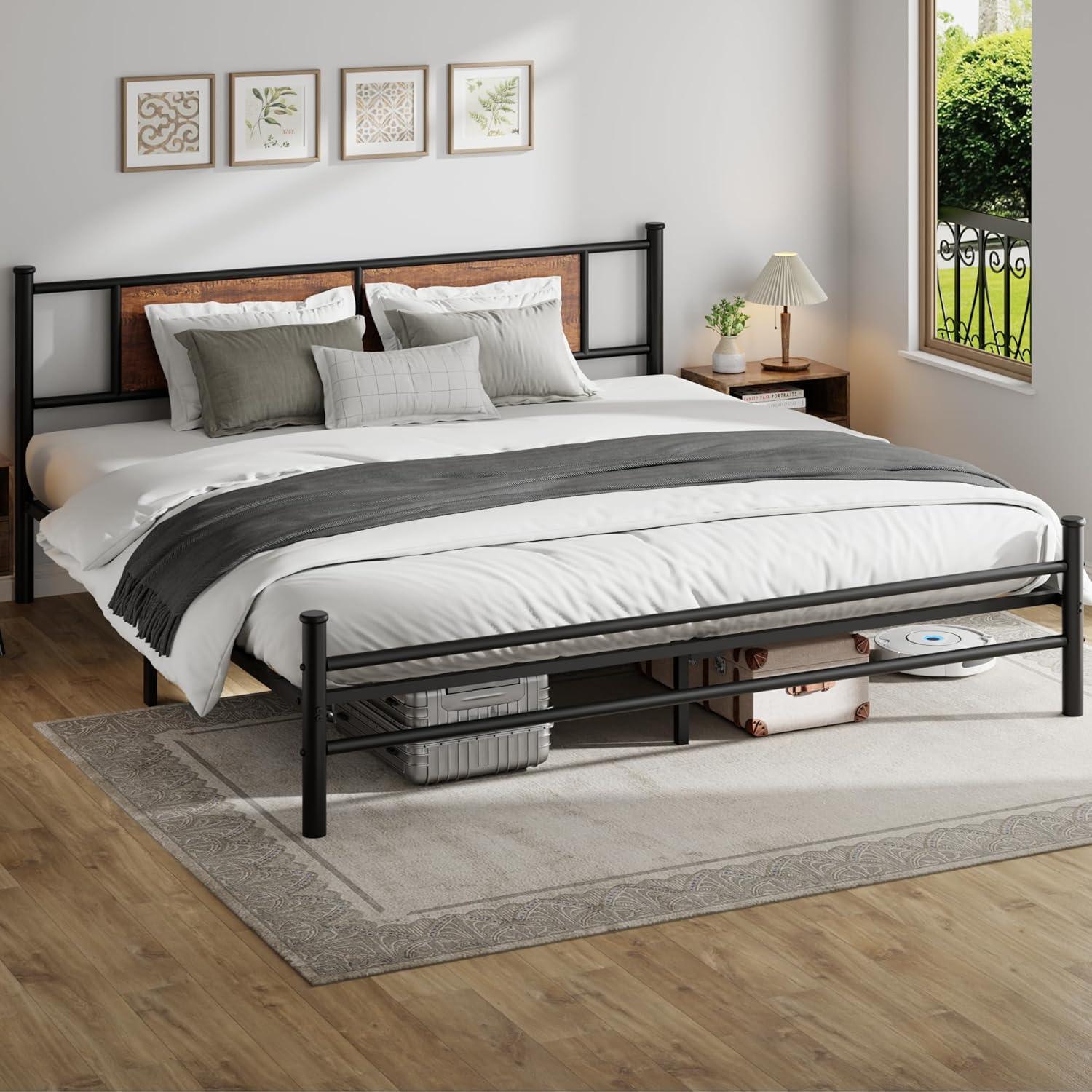 King Size Bed Frame with Rustic Wood Headboard, Metal Heavy Duty Platform, Sturdy Steel Slat Support, No Box Spring Needed, Black King Platform Bed Frame with Headboard