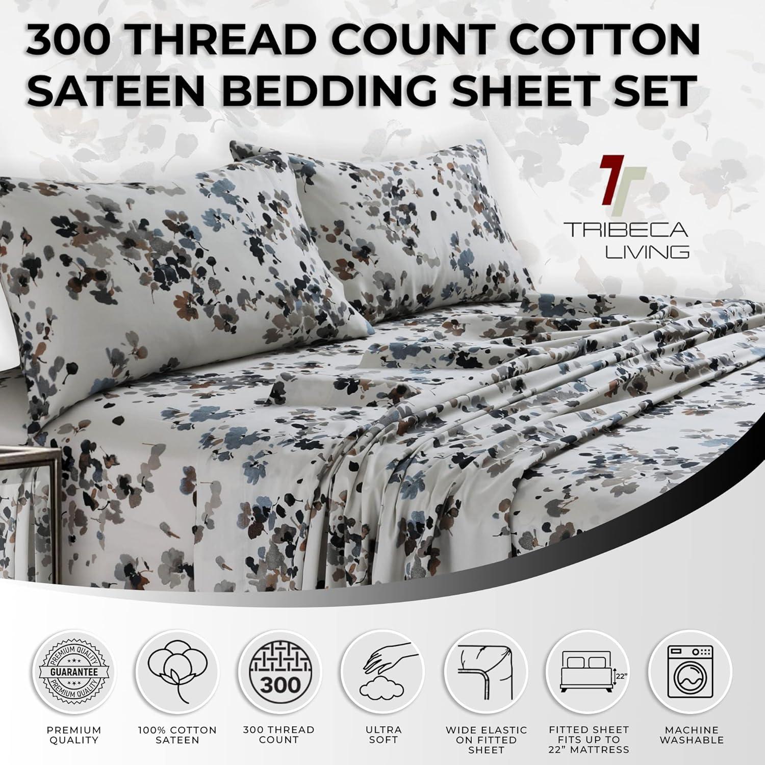 Tribeca Living Tribeca Living Printed 300 Thread Count Sheets 100% Cotton Floral Sheet Set