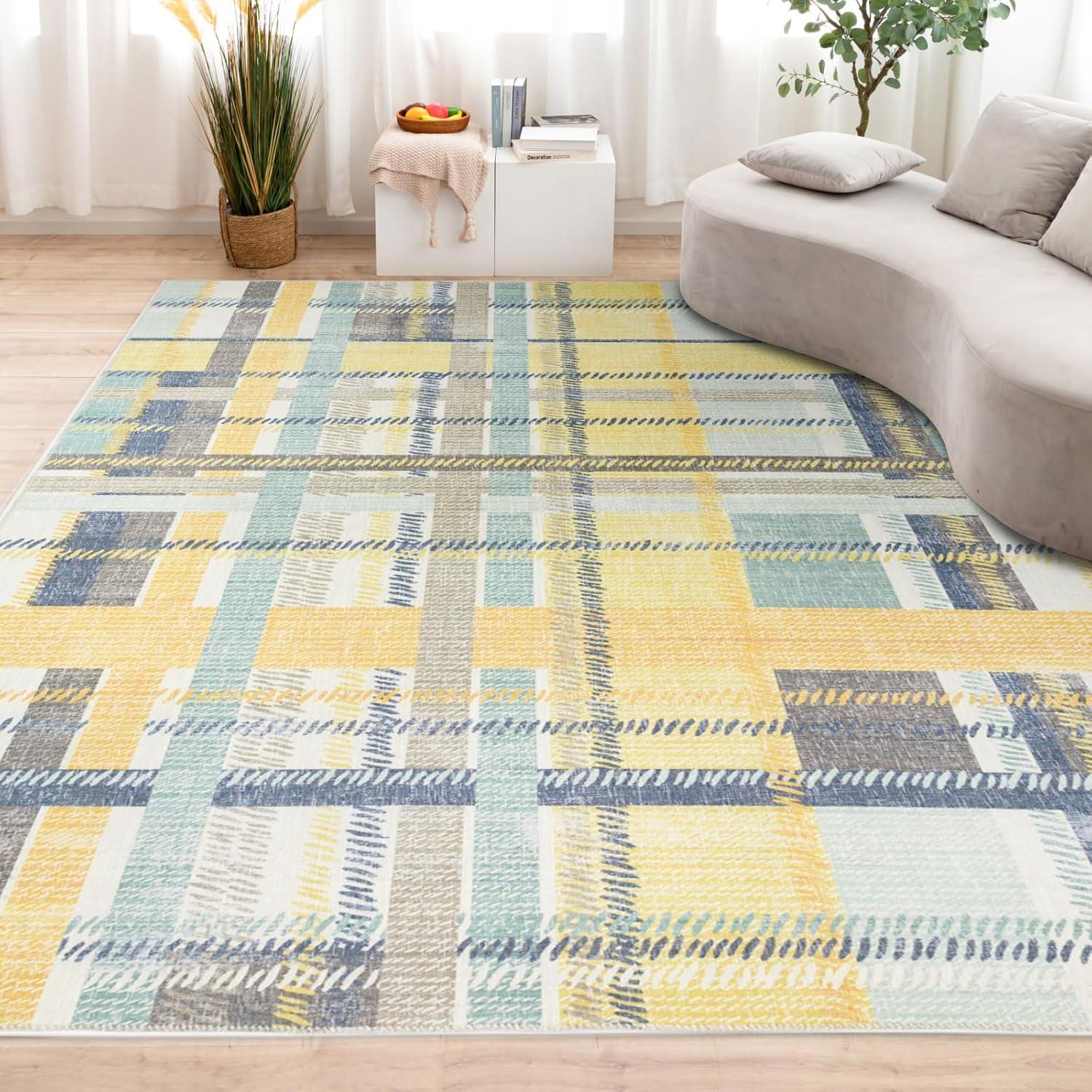 NELE Machine Washable Modern Lattice Area Rug Yellow/Blue Multi