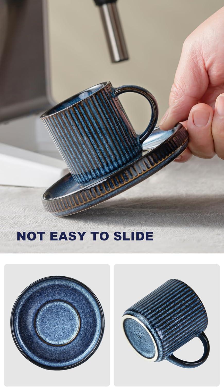 Espresso Cups and Saucers Set of 4, [ Mini ] 3 oz Ceramic Small Coffee Mug with Handle, Ribbed Stoneware Demitasse Cup for Tea, Latte - Microwave & Dishwasher Safe - Nebulas Blue