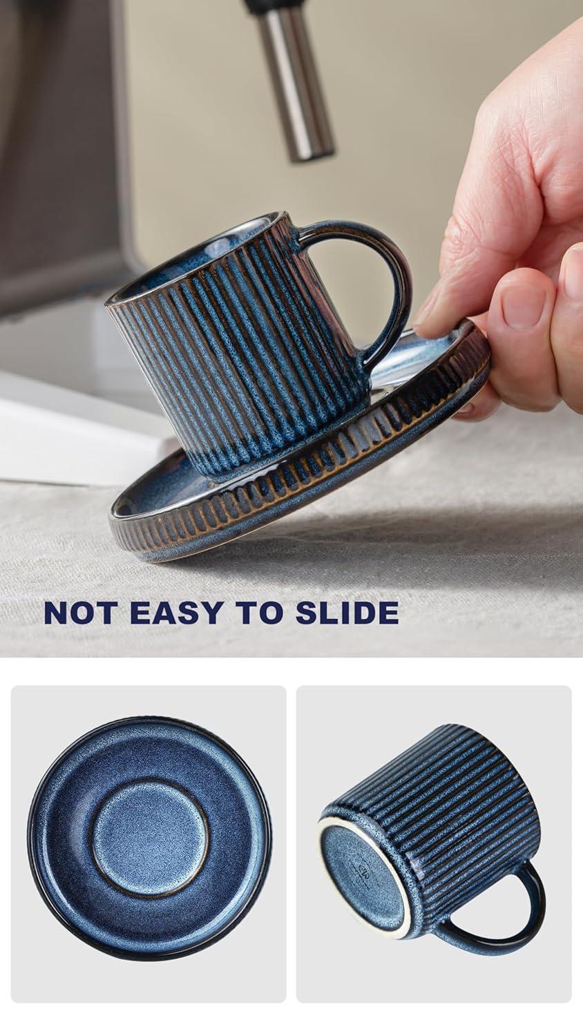 Espresso Cups and Saucers Set of 4, [ Mini ] 3 oz Ceramic Small Coffee Mug with Handle, Ribbed Stoneware Demitasse Cup for Tea, Latte - Microwave & Dishwasher Safe - Nebulas Blue