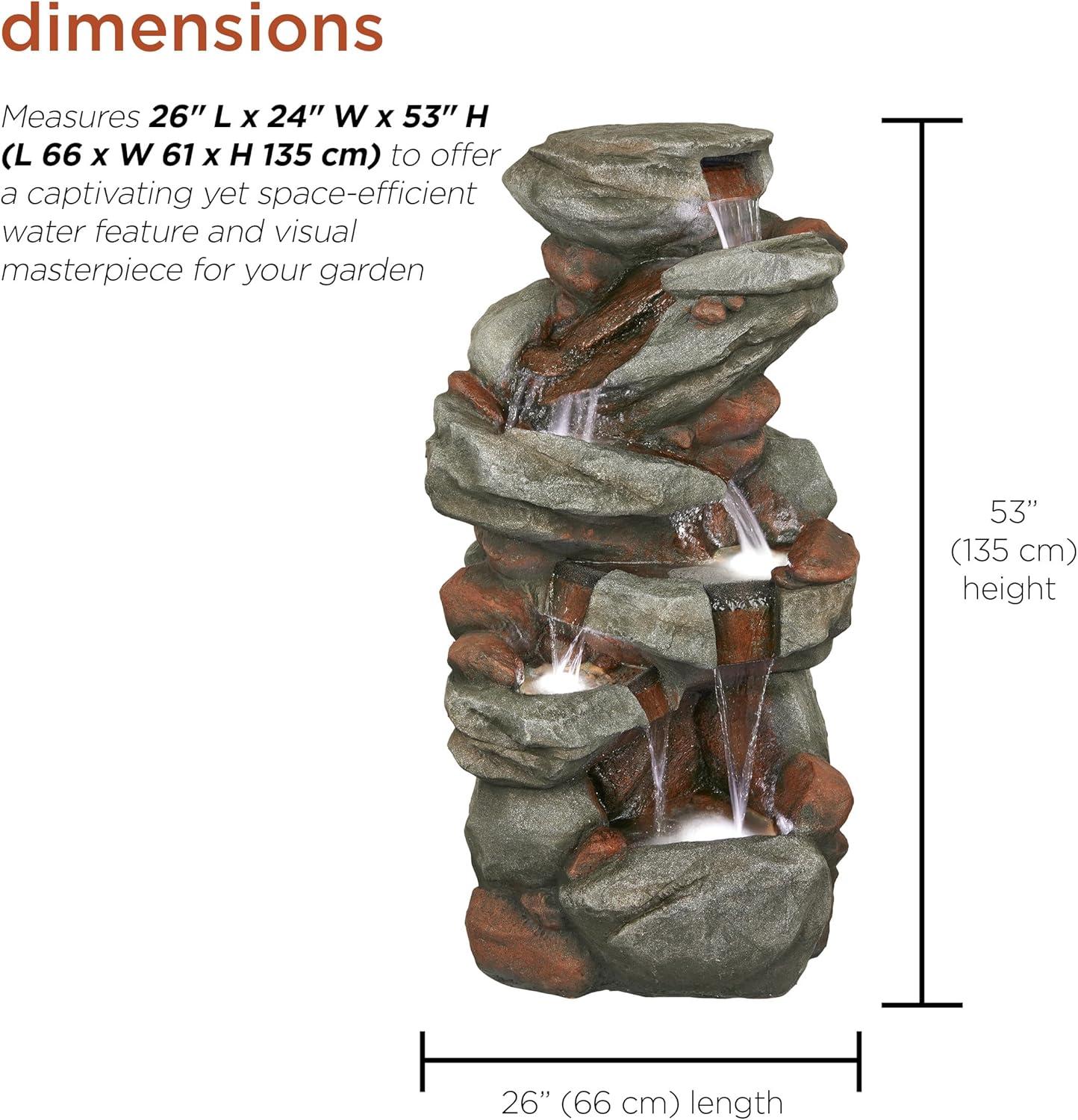 Gray Cascading Stone Outdoor Fountain with LED Lights, 53"