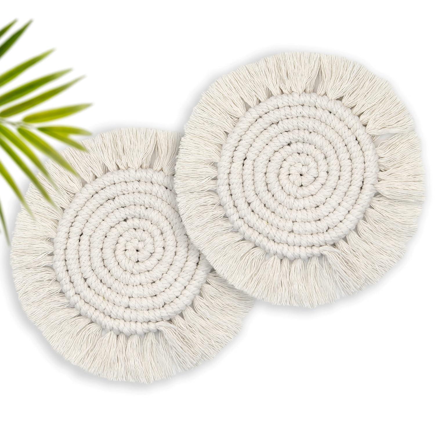 Absorbent Boho Coasters for Drinks - Set of 2 Round Coasters, Beige