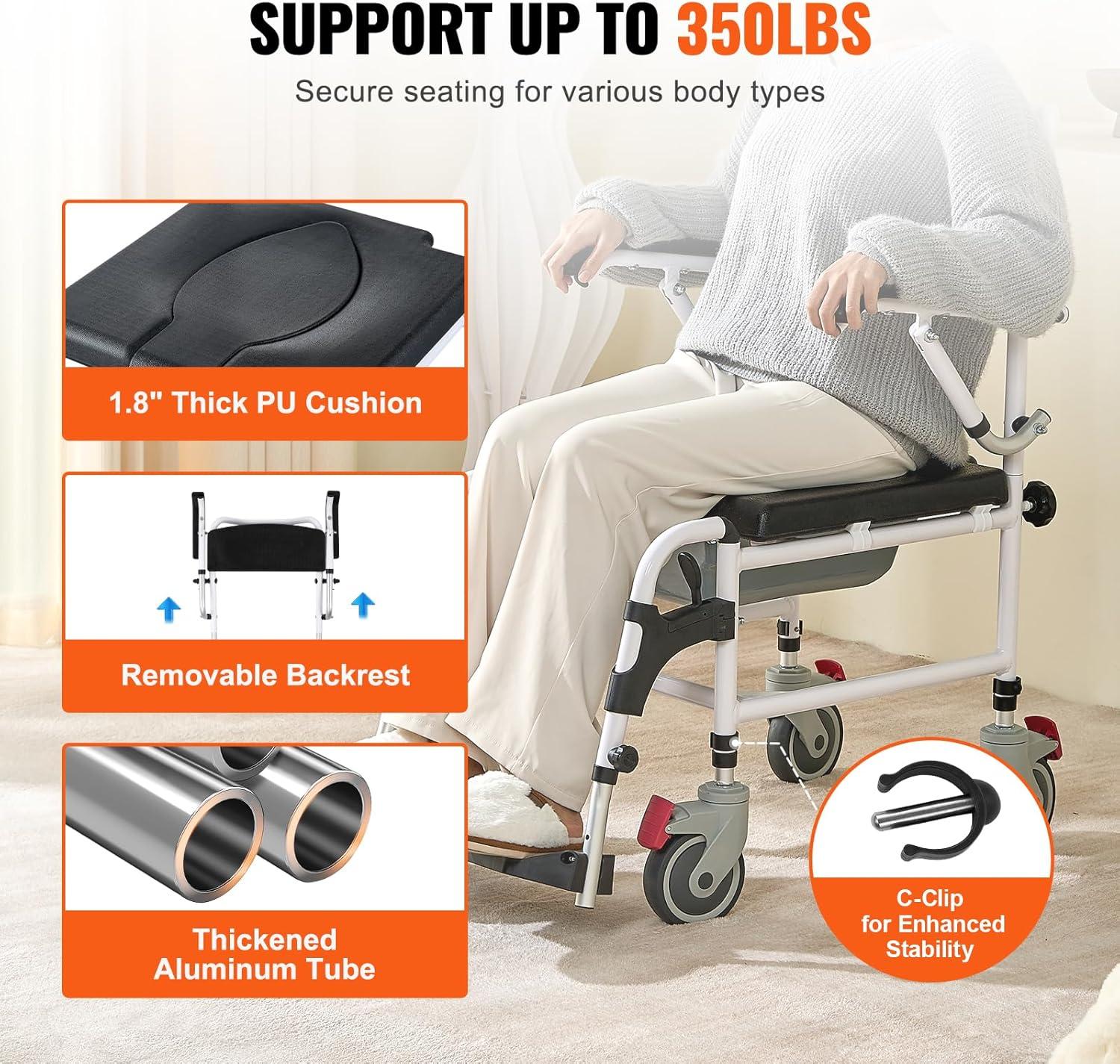 VEVOR Shower Commode Wheelchair with 4 Lockable Wheels, Footrests, Flip-up Arms, 3-Level Adjustable Height, 5L Removable Bucket, 350 LBS Capacity, Commode Chair for Adults Seniors