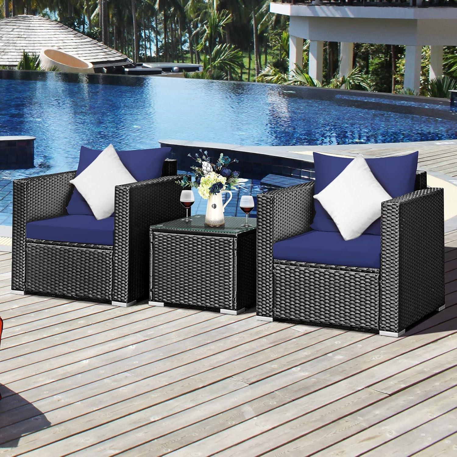 Kadyn Patio Furniture Sets, Outdoor Bistro Conversation Set, 3 Pieces Patio Wicker Conversation Set with Cushion-Navy