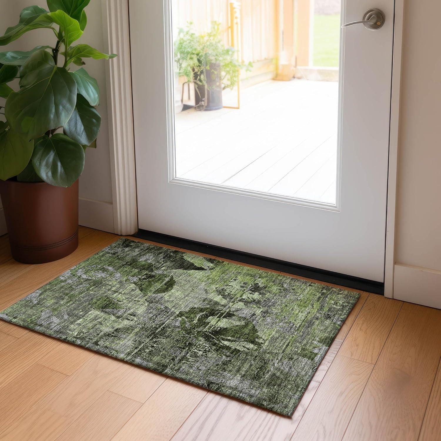 Green Floral Synthetic Rectangular Washable Area Rug