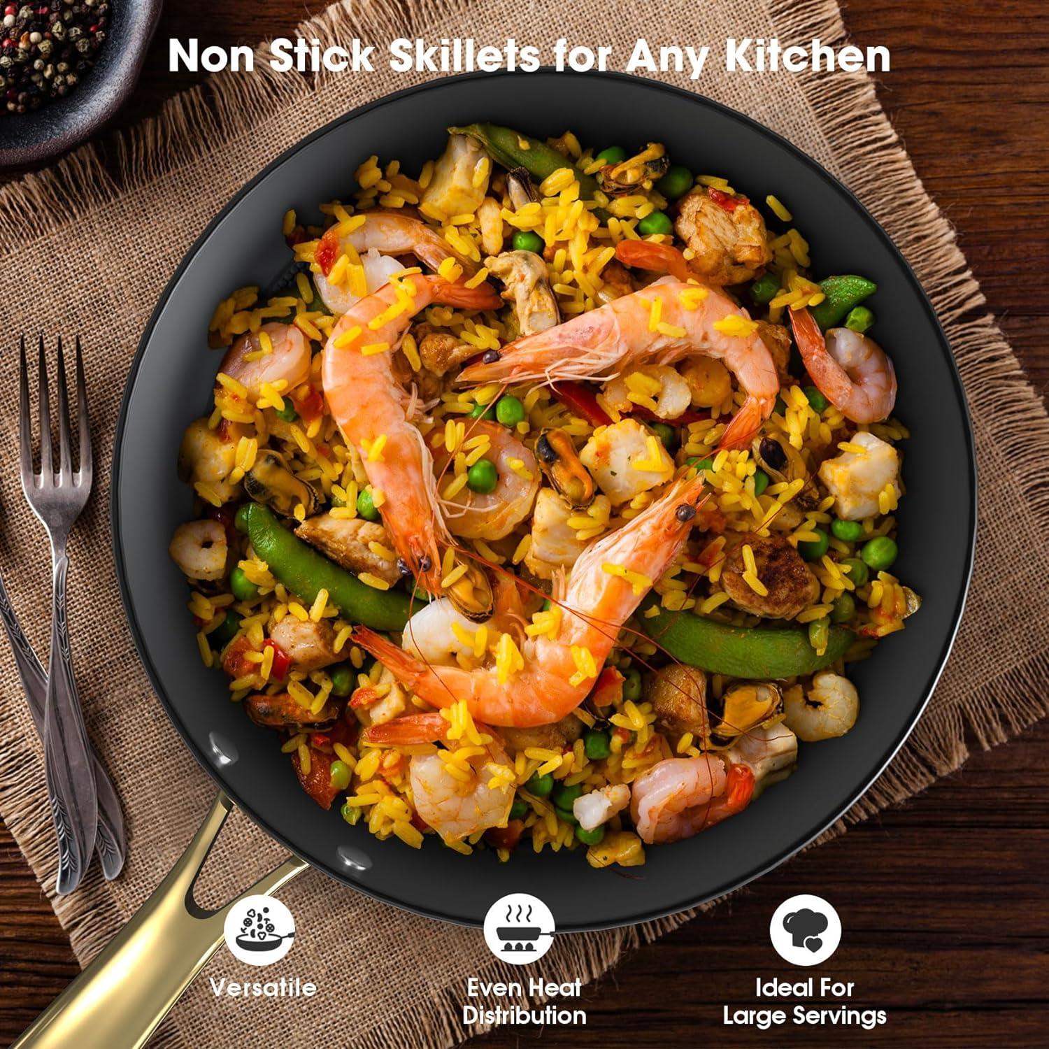 imarku Non Stick Frying Pans, Professional Cast Iron Skillets 2 Pcs - 8 Inch & 10 Inch Frying Pans Nonstick, Honeycomb Long Lasting Frying Pan Set Gold Handle Oven Safe Pan, New Home Essentials