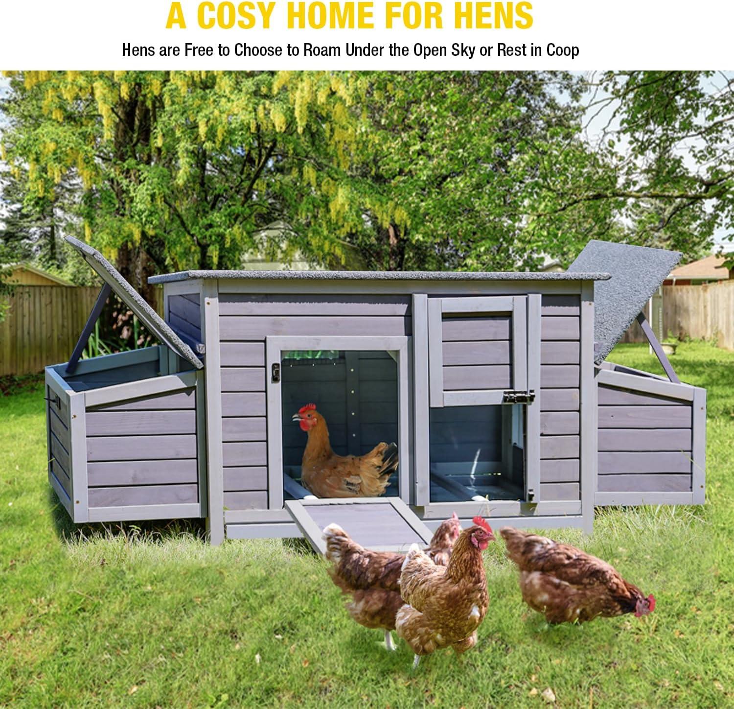 Gray Wooden Chicken Coop with Nesting Boxes and Wheels