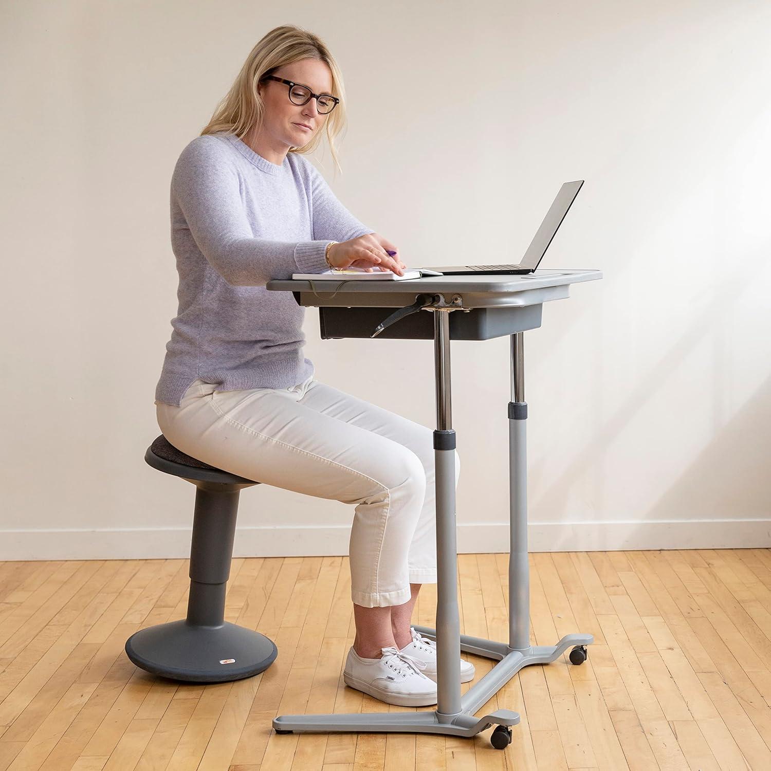 Adjustable Gray Sit-Stand Mobile Desk with Storage