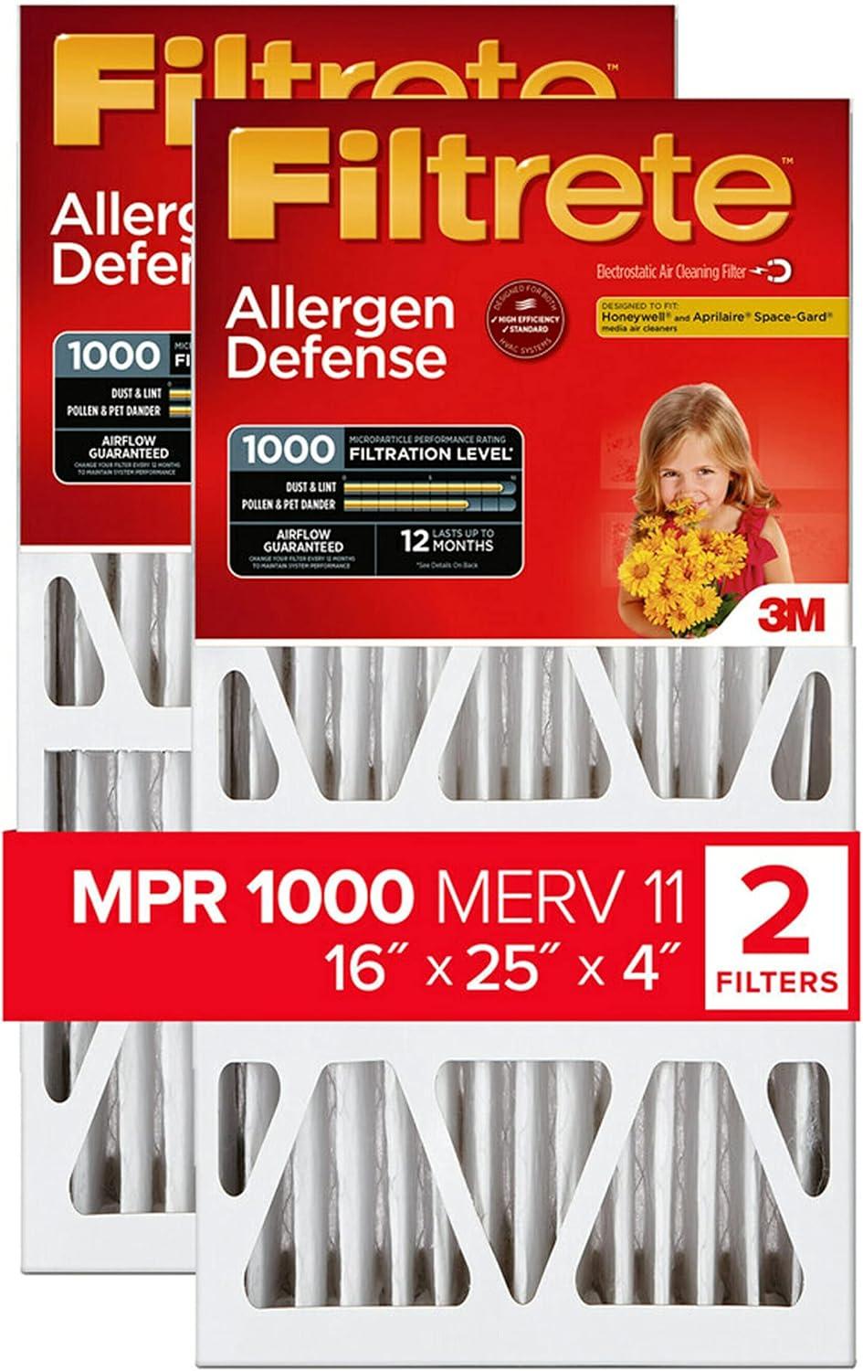 Filtrete 16x25x4 Air Filter, MPR 1000 MERV 11, Allergen Defense, 2 Filters