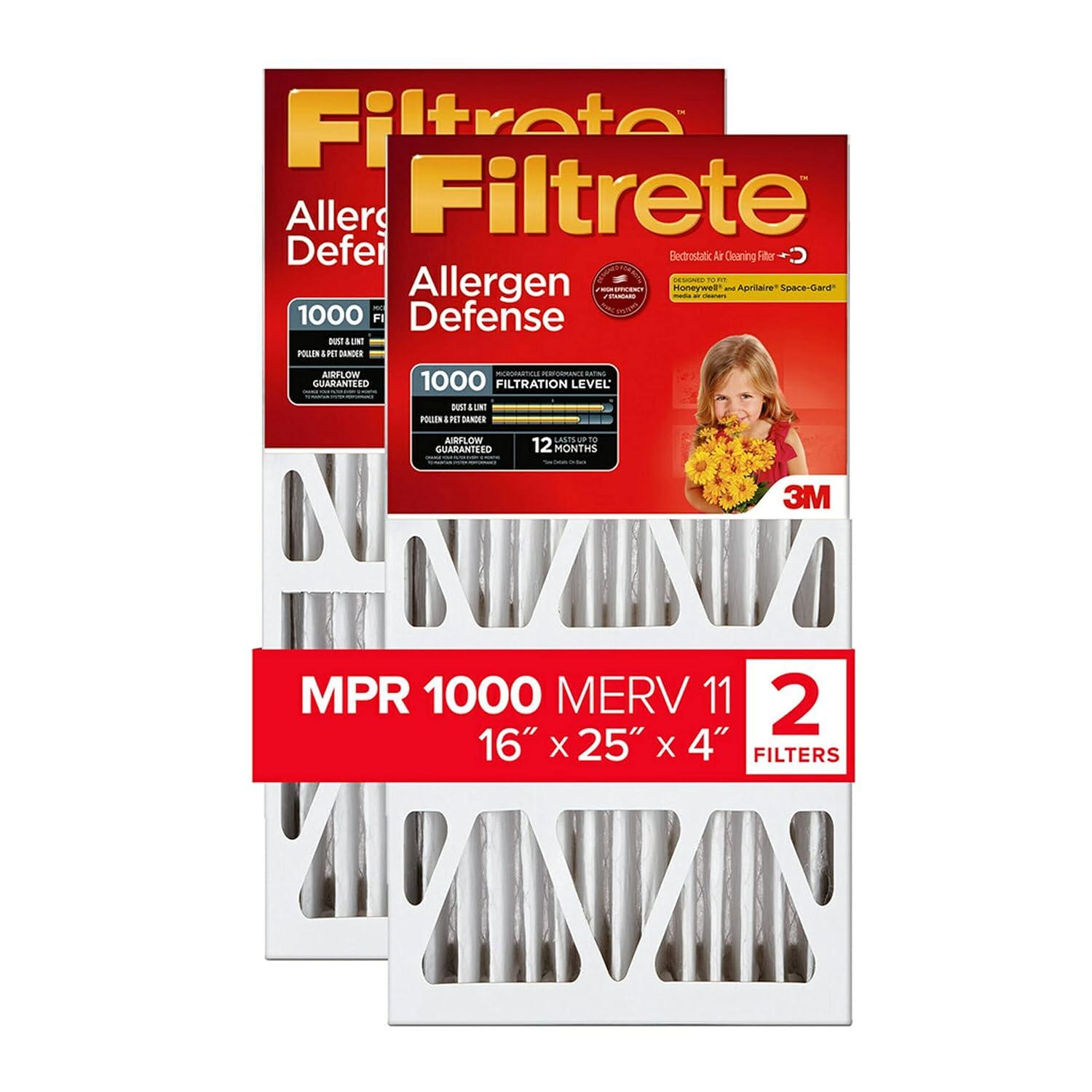Filtrete 16x25x4 HVAC Furnace Air Filter, MPR 1000 MERV 11, Allergen Defense, 2 Pack