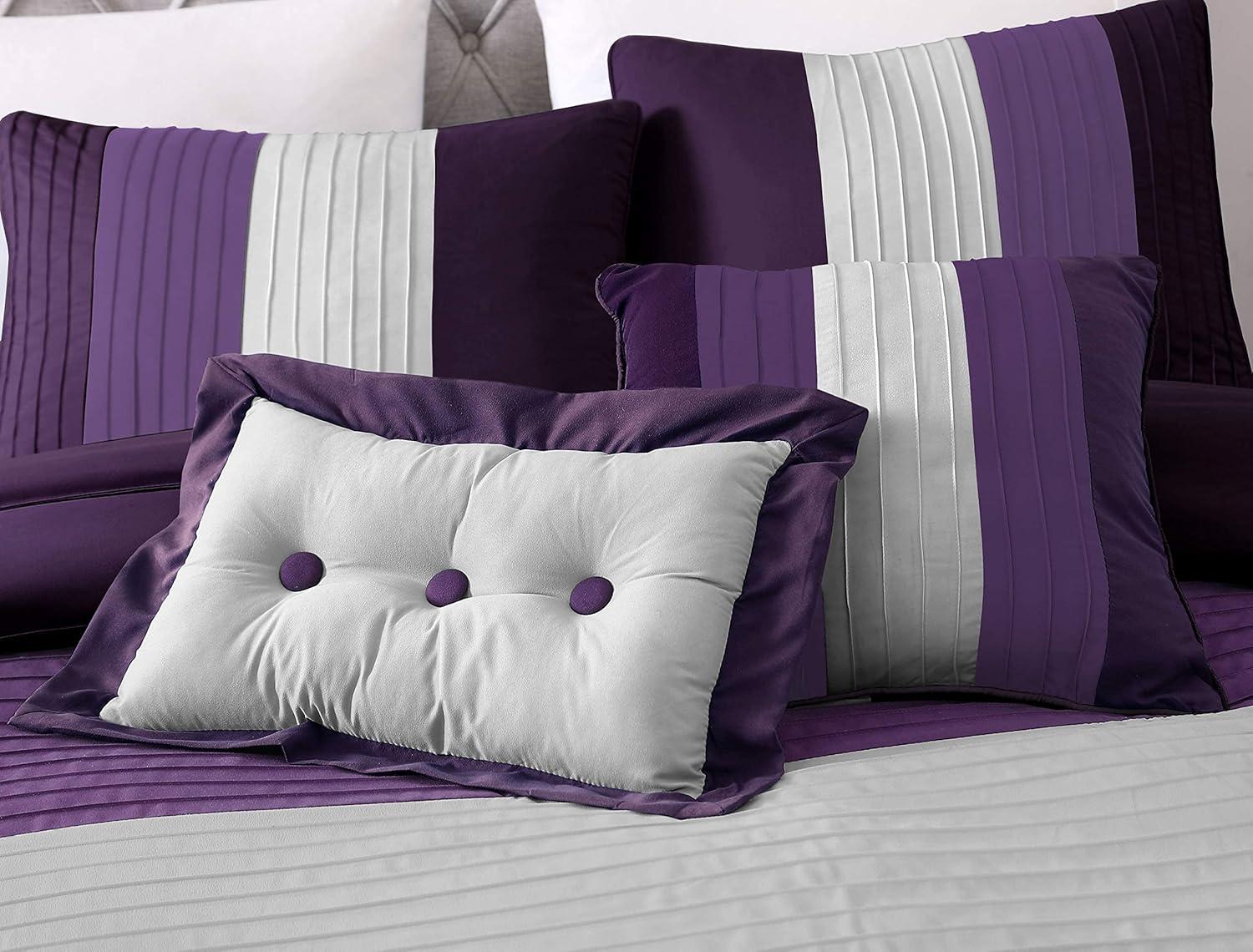 Queen Purple and Gray Striped Polyester Comforter Set