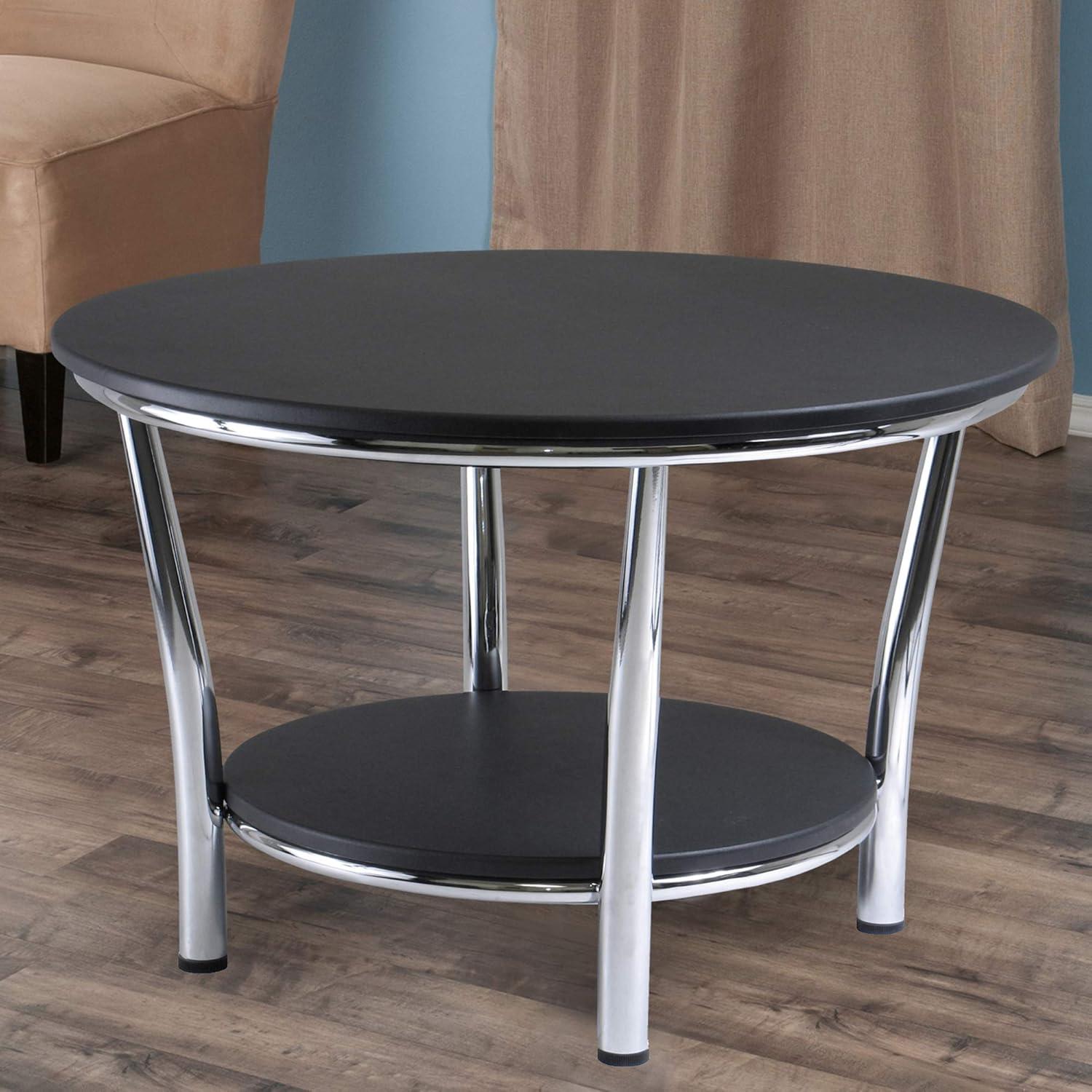 Maya Round Coffee Table, Black Top, Metal Legs - Black, Metal - Winsome: Modern Design, 4-Point Base, MDF Shelf