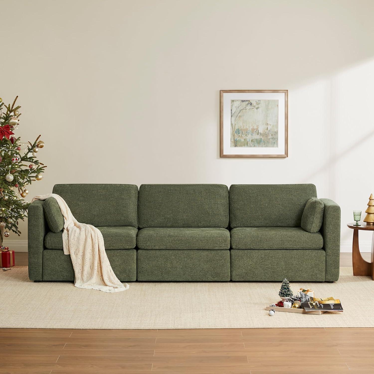 Moss Green Linen Three-Piece Modular Sofa with Ottoman