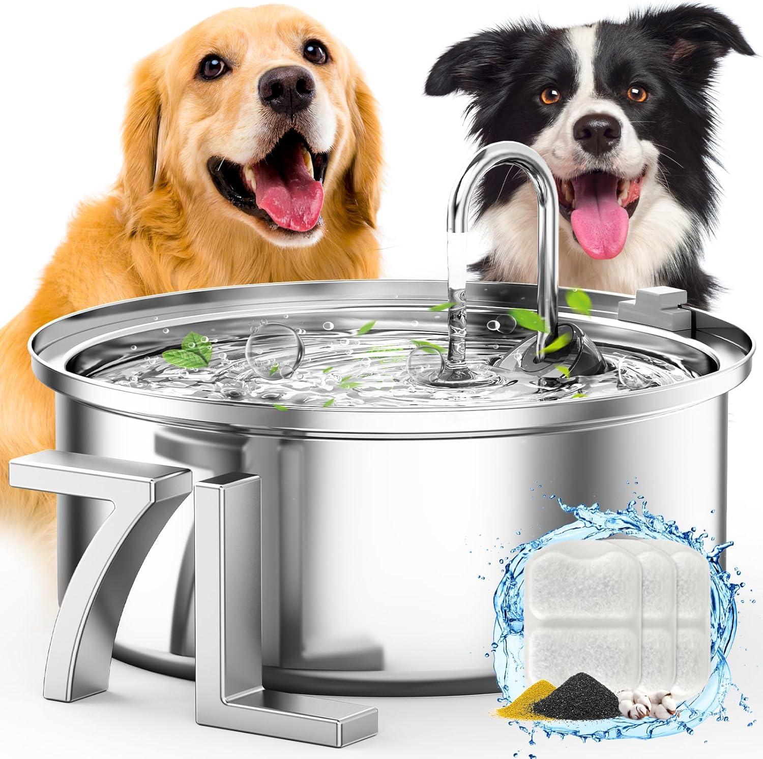 Dog Water Fountain for Large HYZ01 Dogs: Stainless Steel Dog Fountain -1.8Gal/7L Dog Fountain Water Bowl - Dog Fountain - Pet Water Fountain for Dogs - 6 Filters + 3 Sponge Filters - FOFNON