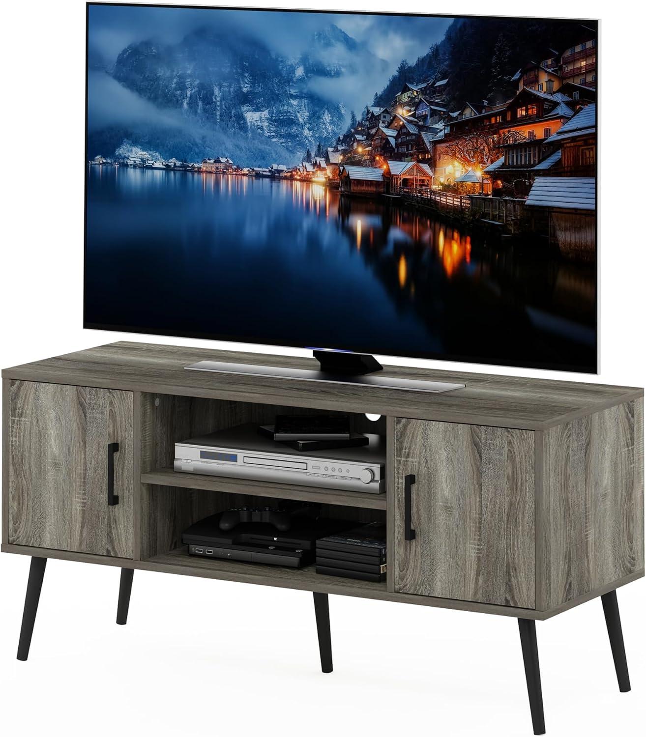 Furinno Mid-Century TV Stand Entertainment Media Console w/2 Cabinets&Open Storage Shelves for TVs up to 50",French Oak Grey