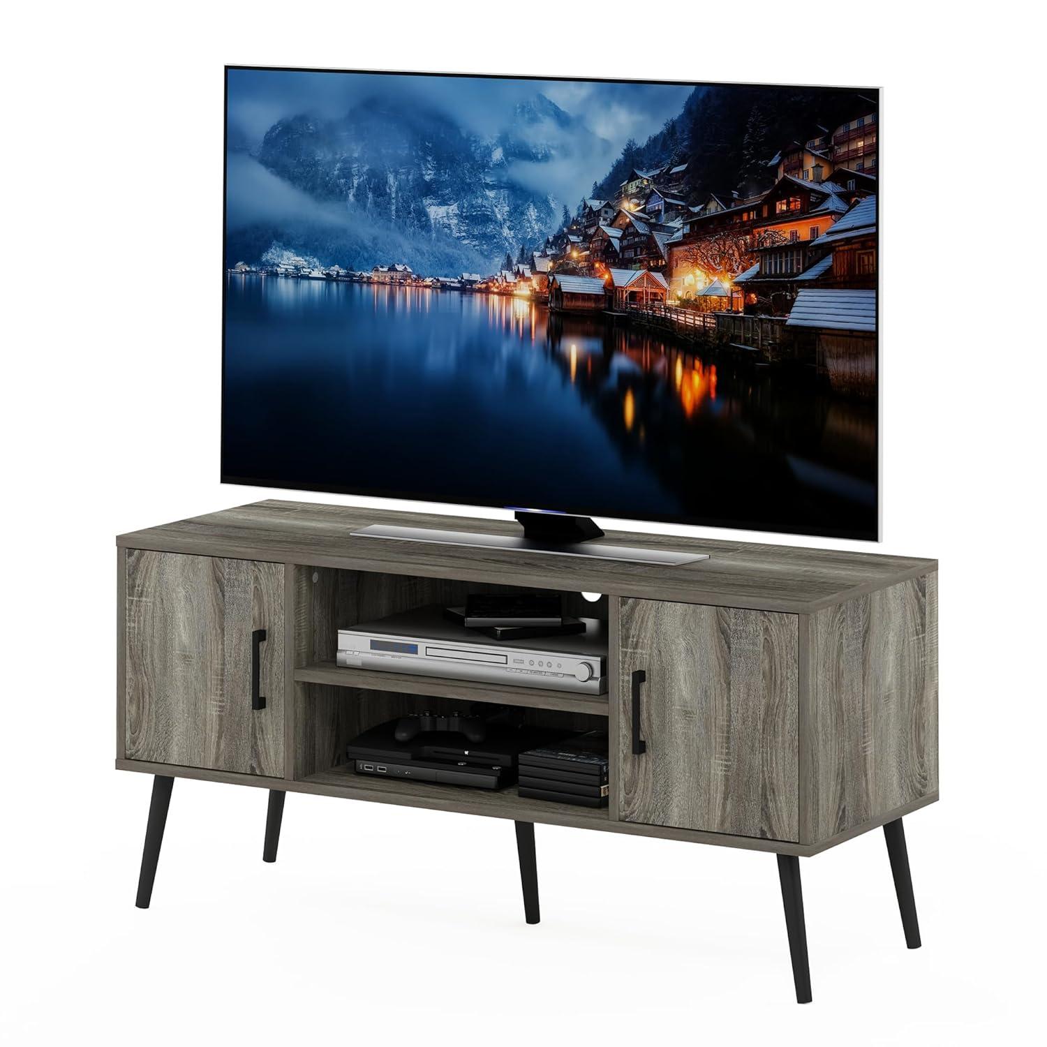 Furinno Mid-Century TV Stand Entertainment Media Console w/2 Cabinets&Open Storage Shelves for TVs up to 50",French Oak Grey