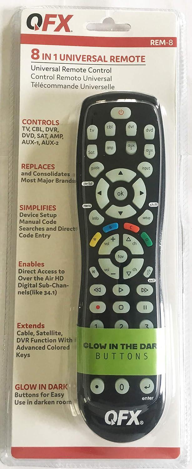 QFX® 8-Device Universal Remote with Glow-in-the-Dark Buttons, Black, Size: 8 in 1