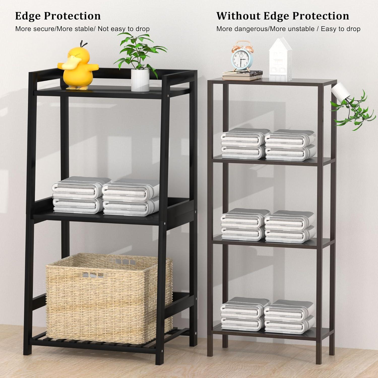 Black Bamboo 3-Tier Ladder Shelf with Drawer