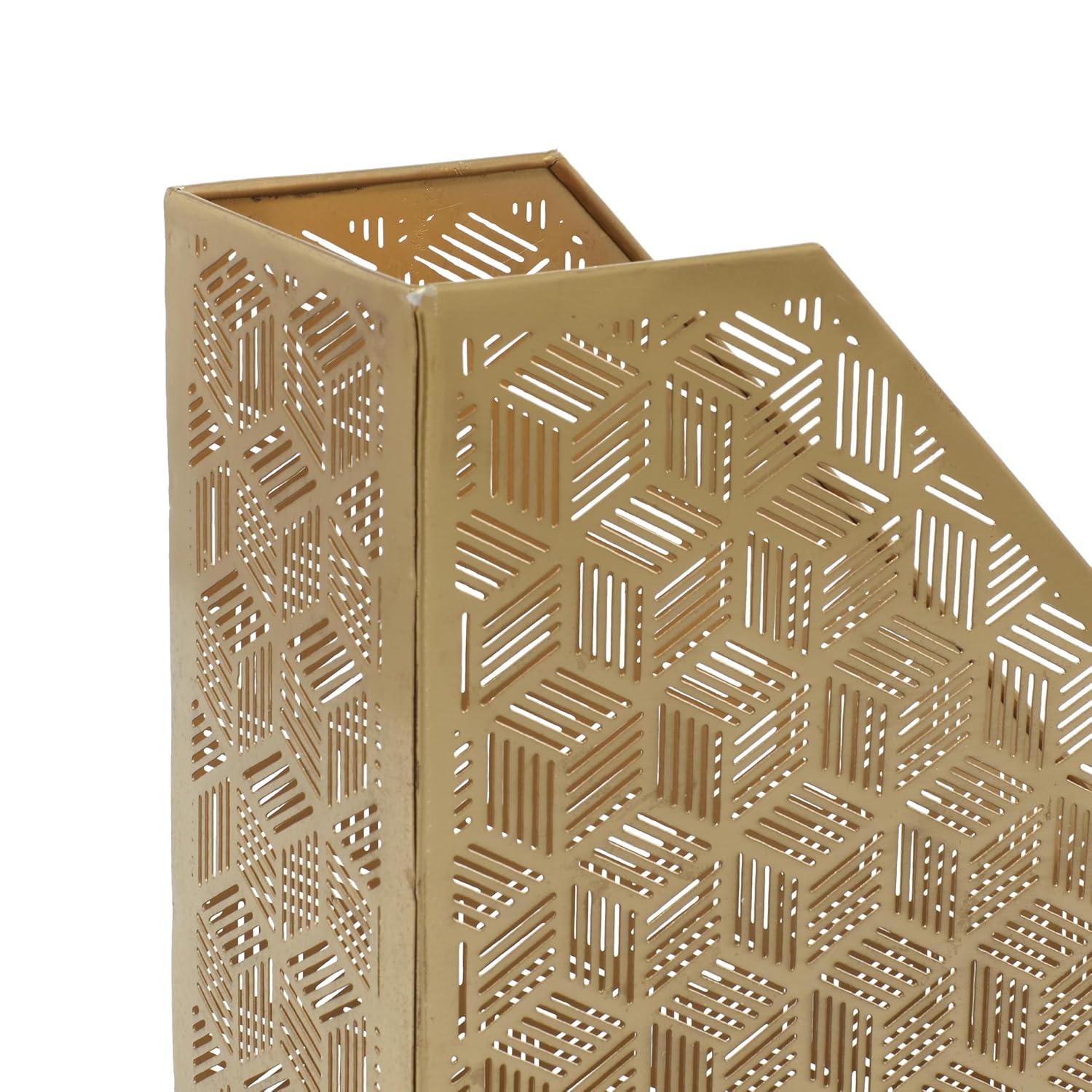 DecMode 12" Gold Metal Single Slot Geometric Magazine Holder with Laser Carved Design