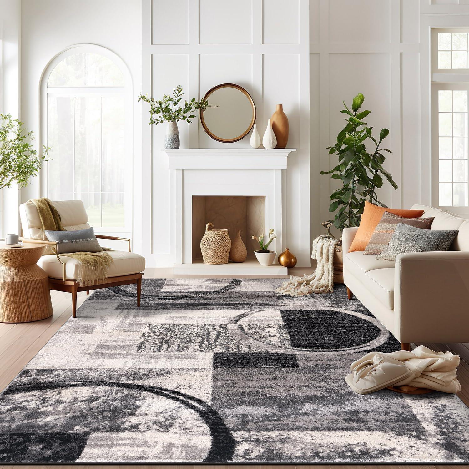 Contemporary Abstract Circle Design Cream 10 ft. x 14 ft. Indoor Area Rug