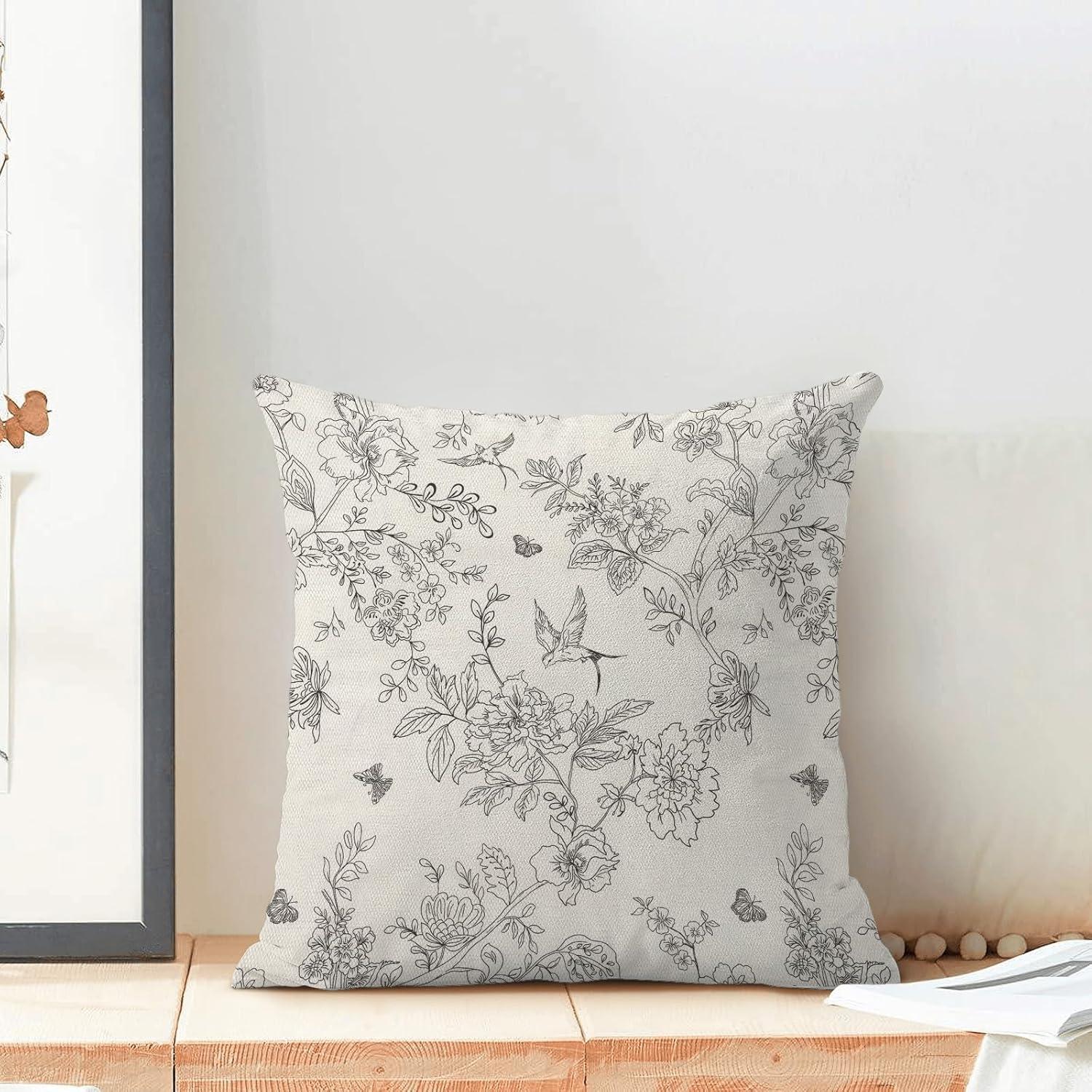 Chinoiseries Spring Pillow Covers 18x18 Set of 2, Black White Birds and Floral Throw Pillows Farmhouse Vintage Outdoor Decorative Cushion Case Decorations for Home Couch Sofa