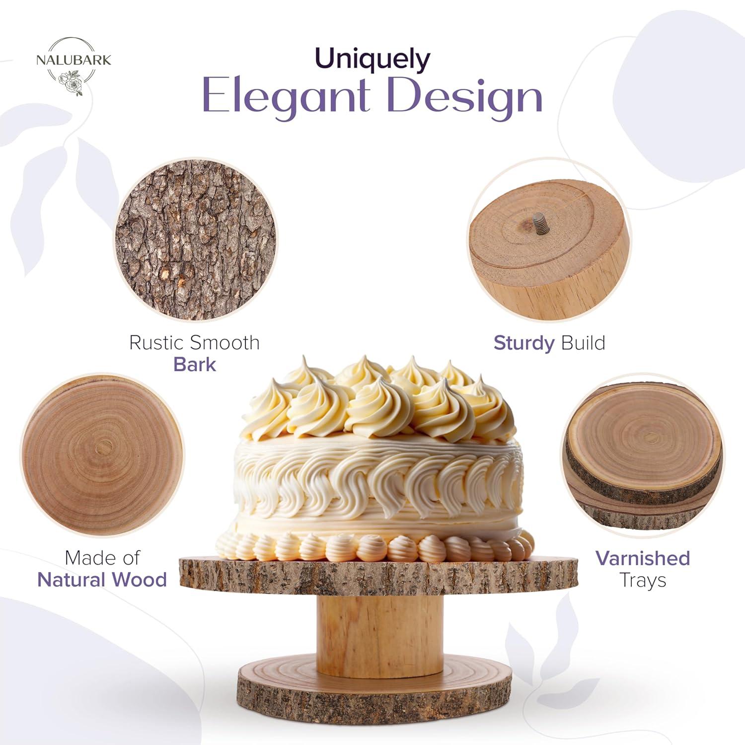 Wooden Cake Stand Rustic, 10-11 inch Multifunctional 2-in-1 Wedding Rustic Cake Stand, Wood Display Tray for Appetizers, Desserts, Charcuterie Board, Farmhouse Tree Stump Style, Sturdy, Easy to Clean