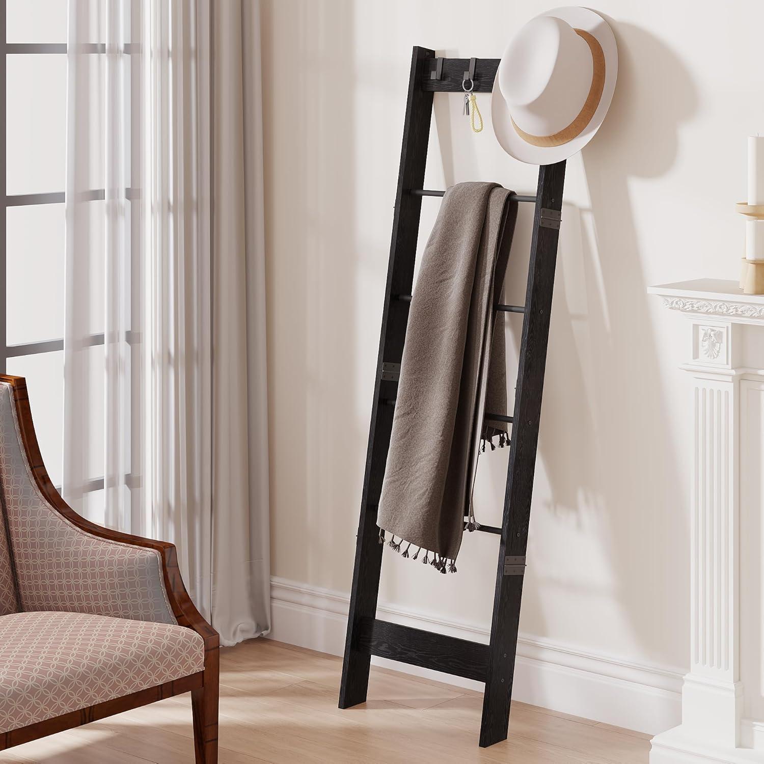 6 Tier Blanket Ladder Shelf For Living Room And Bedroom, Ladder Holder With 4 Metal Hooks, 5.2Ft Blanket Quilt Holder Rack, Farmhouse Ladder Rack For Storage And Home Decor