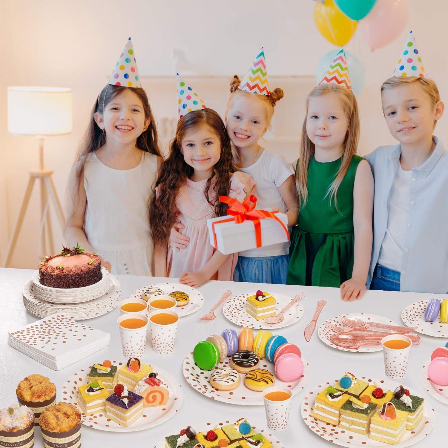 White & Rose Gold Party Supplies, 350PCS Disposable Dinnerware Set with Plates Napkins Cups Forks Knives Spoons for Girl Women Birthday Baby Bridal Shower Graduation Wedding Party Decoration