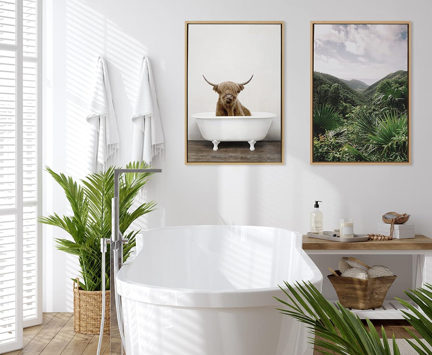 Kate and Laurel Sylvie Highland Cow in Tub Color Framed Canvas by Amy Peterson Art Studio, 23x33, Natural