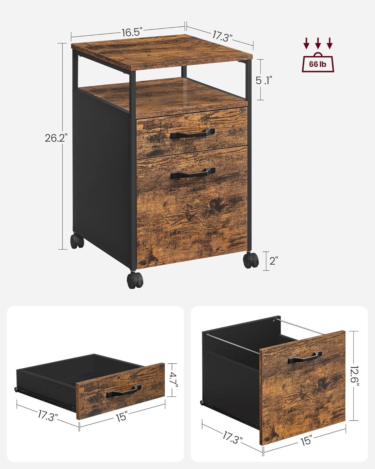 Rustic Brown and Black Mobile 2-Drawer Lockable File Cabinet