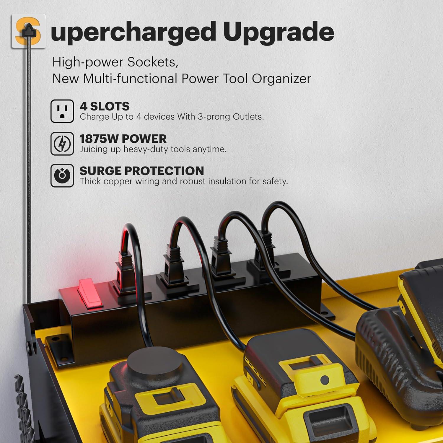 Spampur Power Tool Organizer Wall Mount with Charging Station, Garage Tool Shelf 6 Drill Holders, Tool Battery Holder with Plier holder Heavy Duty Rack, Tool Storage Rack with 4 Outlet Power Strip