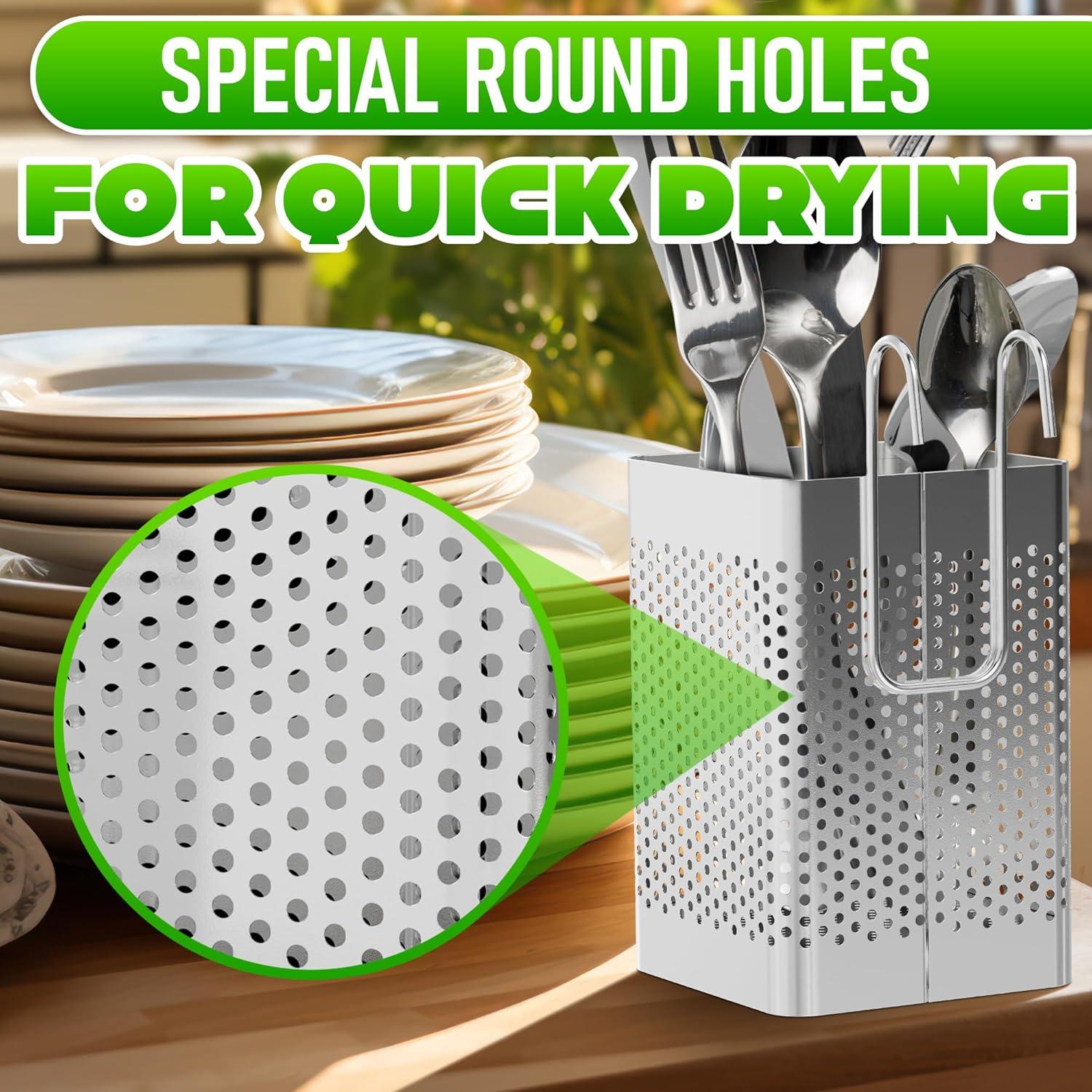 Small Kitchen Utensil Chopsticks Perforated Holder with Hooks - Stainless Steel Storage Stand Kitchen Holder for Spoon Knife Fork Case Organizer Dishwasher Safe Small Square Caddy